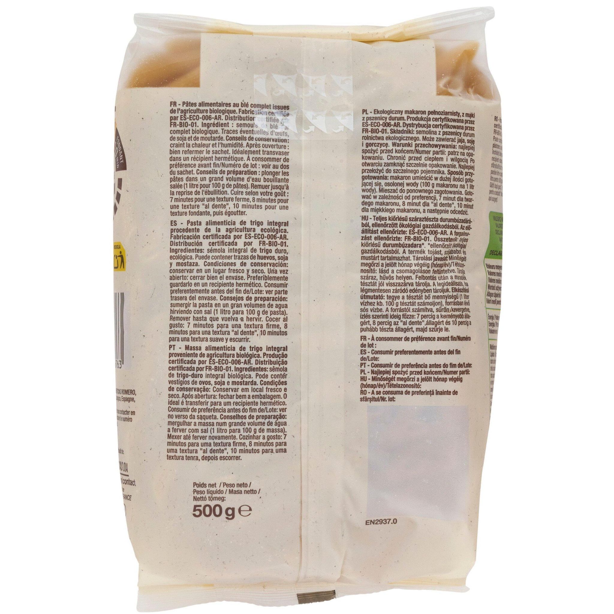 Voir la diapositive 3 : AUCHAN BIO Penne rigate intégrales au blé complet 500g