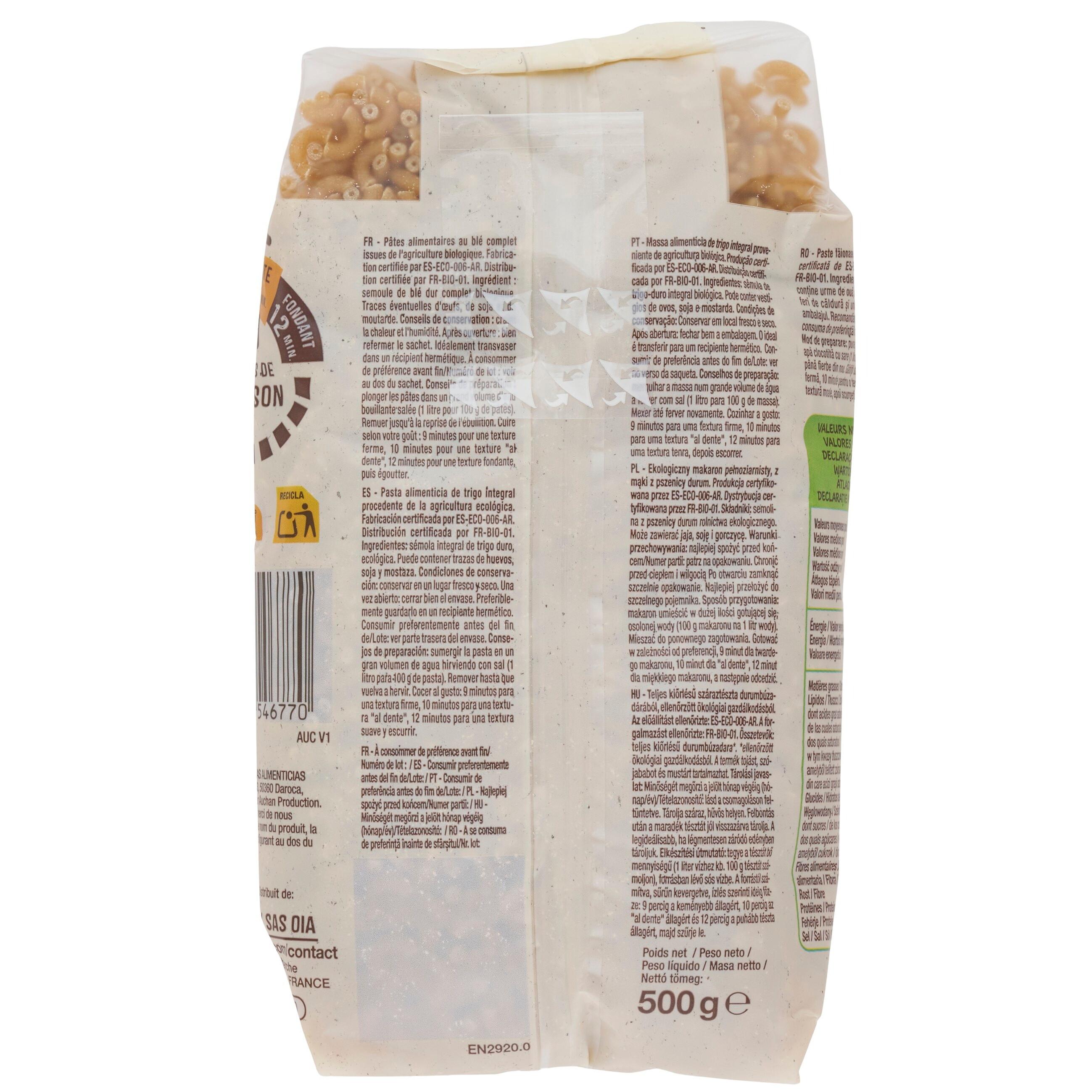 Voir la diapositive 3 : AUCHAN BIO Coquillettes intégrales au blé complet bio 500g