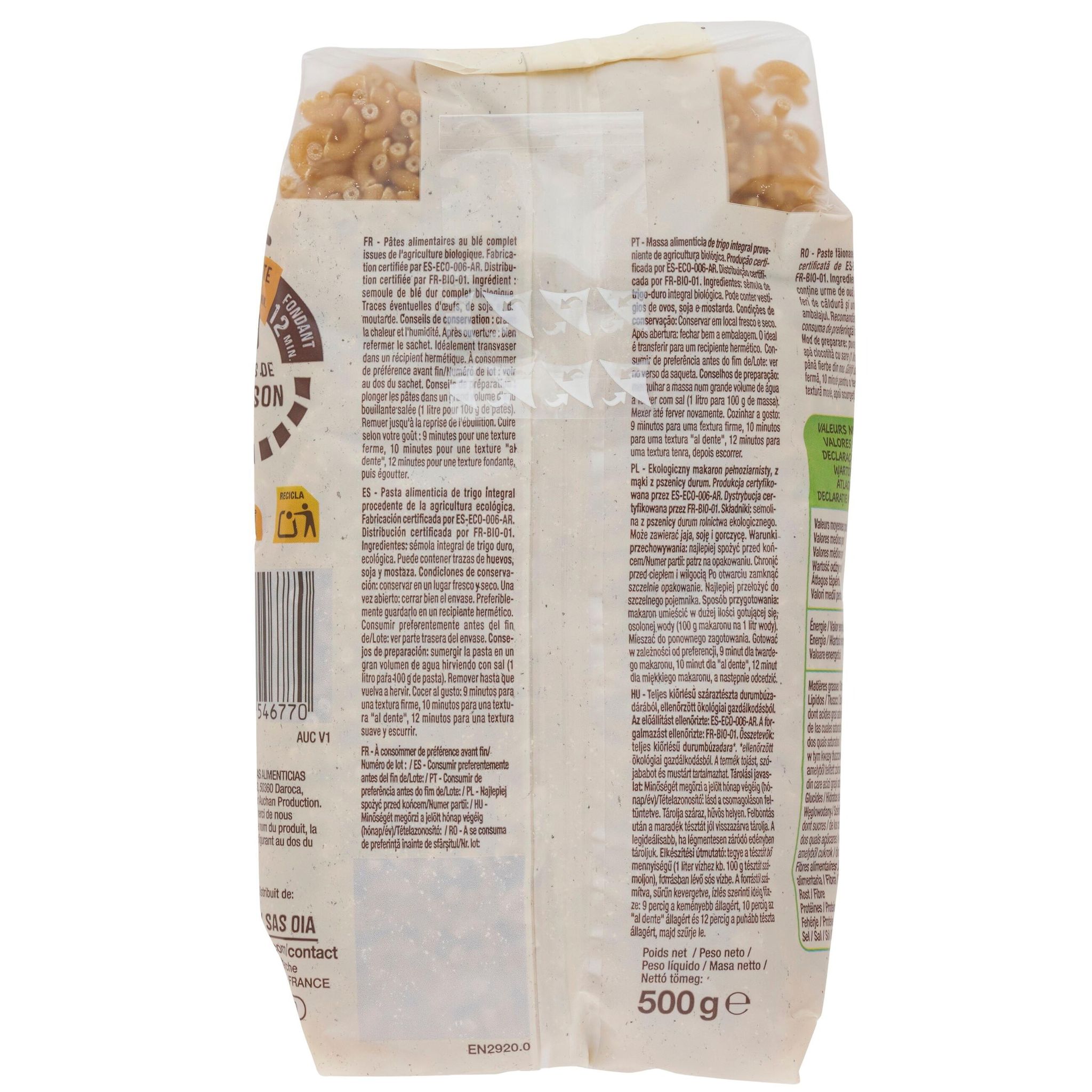 Voir la diapositive 3 : AUCHAN BIO Coquillettes intégrales au blé complet bio 500g