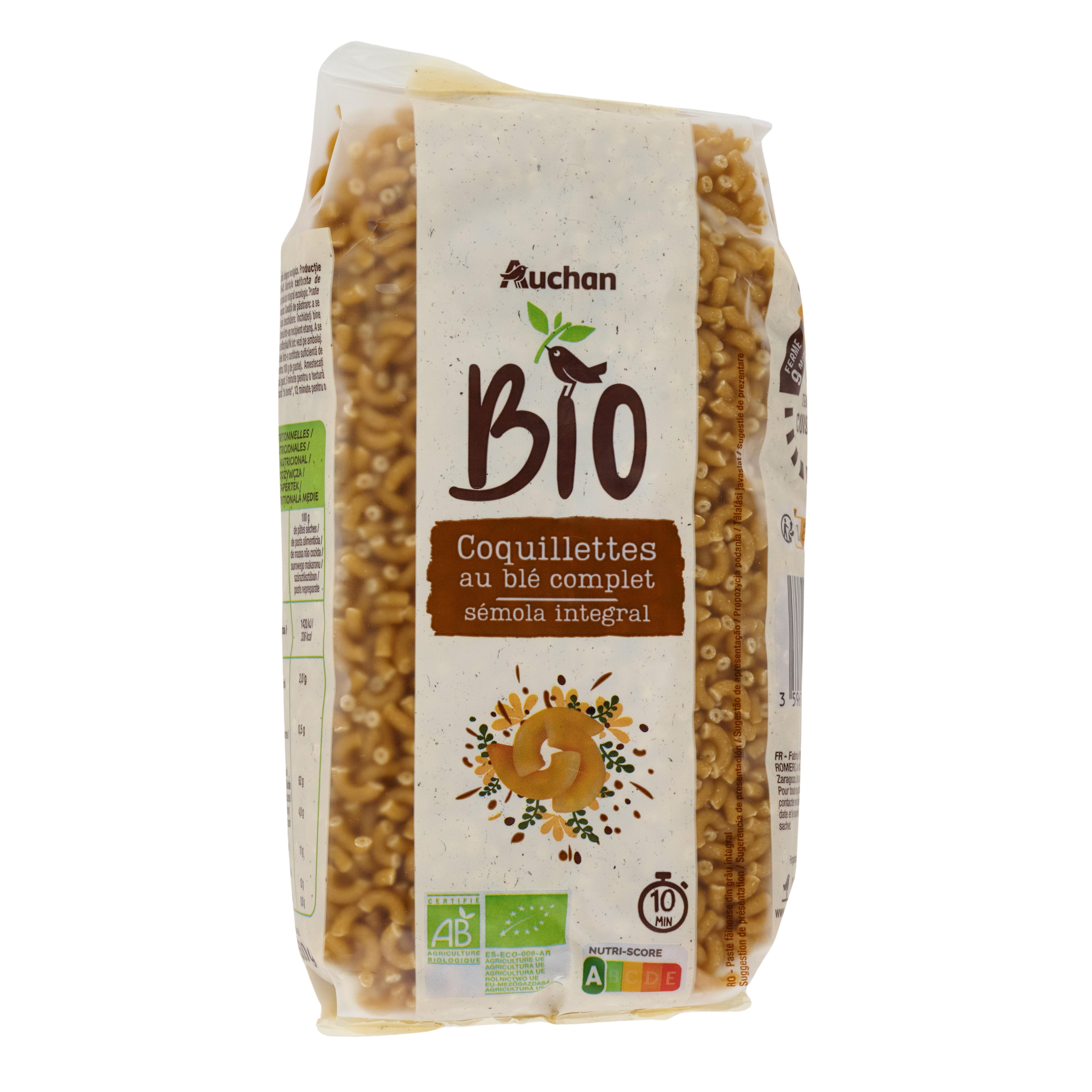 Voir la diapositive 4 : AUCHAN BIO Coquillettes intégrales au blé complet bio 500g