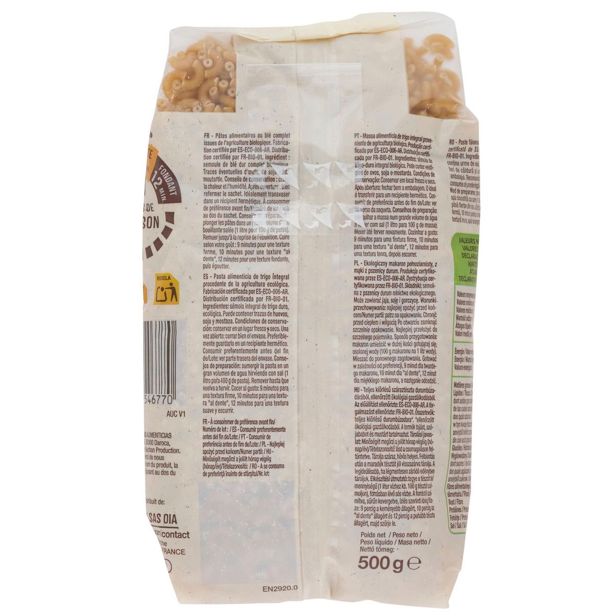 AUCHAN BIO Coquillettes intégrales au blé complet bio 500g