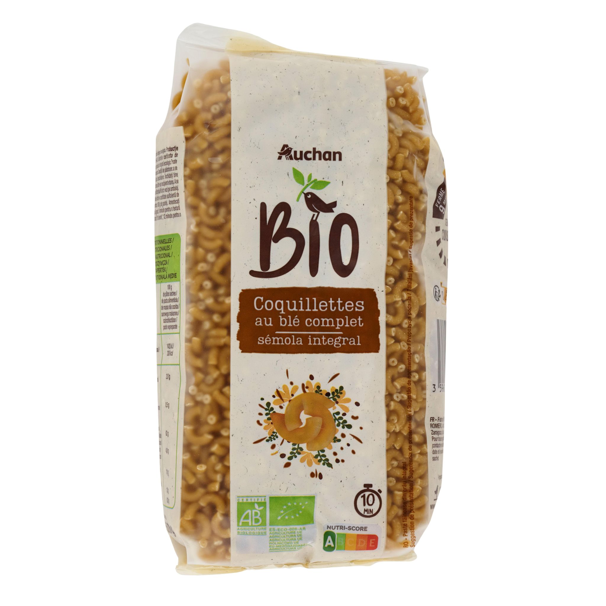 Voir la diapositive 4 : AUCHAN BIO Coquillettes intégrales au blé complet bio 500g