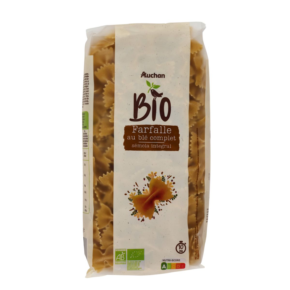 AUCHAN BIO Farfalle intégrales au blé complet bio 500g