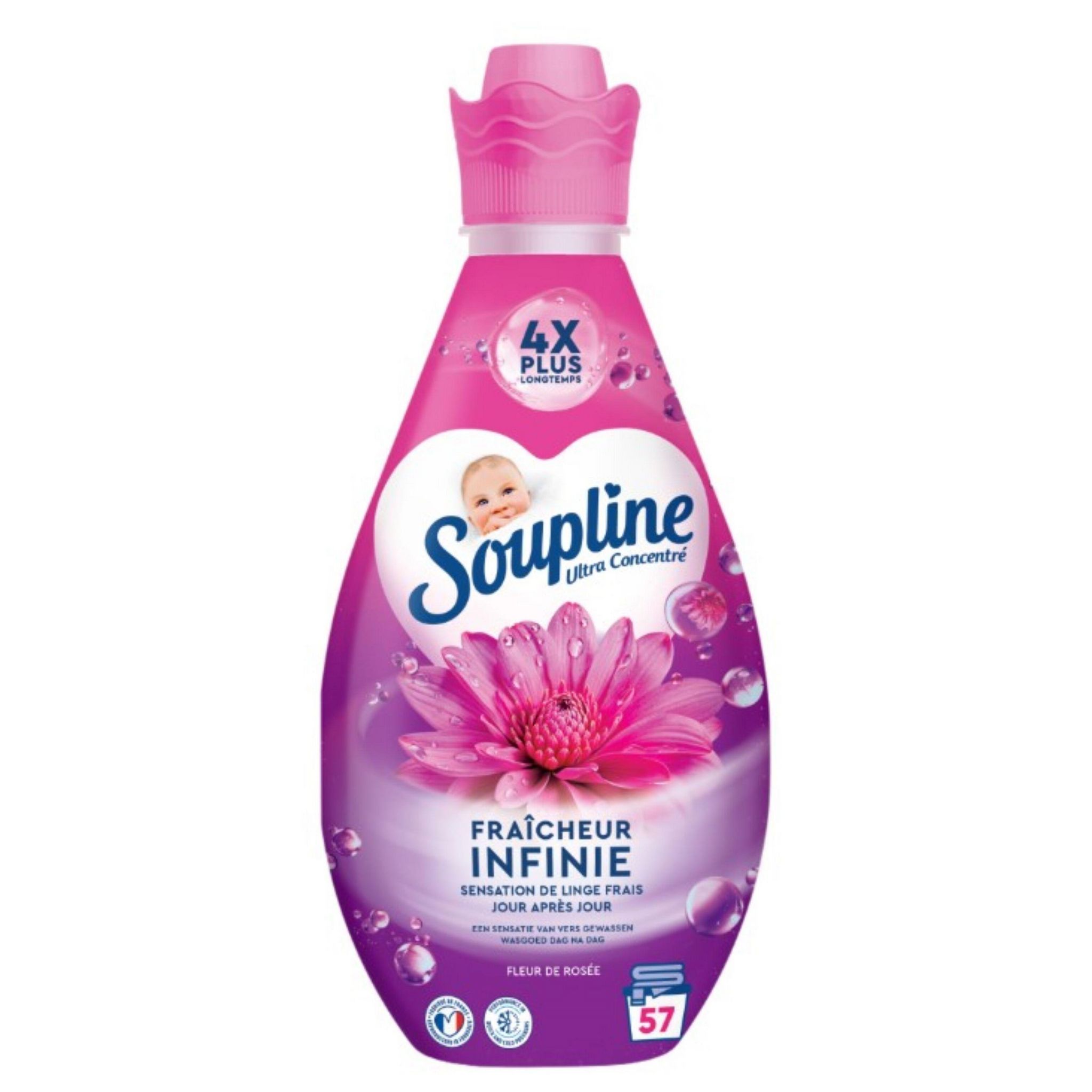 Voir la diapositive 2 : SOUPLINE Adoucissant liquide fraîcheur infinie sensation de linge frais jour après jour 57 lavages 800ml