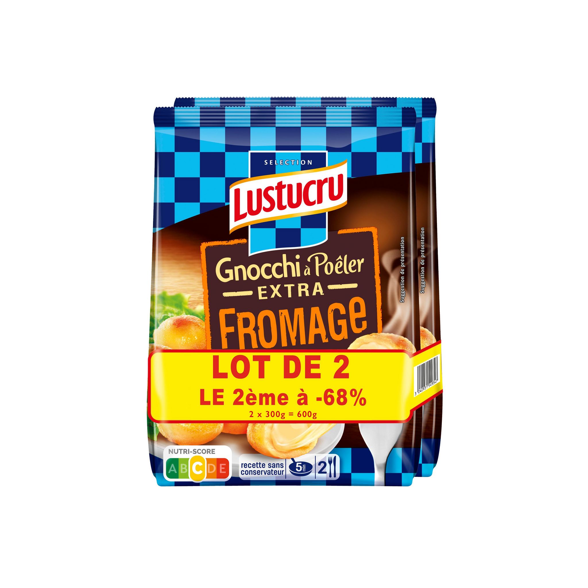 LUSTUCRU Gnocchi à poêler extra aux fromages 4 parts 2x300g le 2ème à 68%