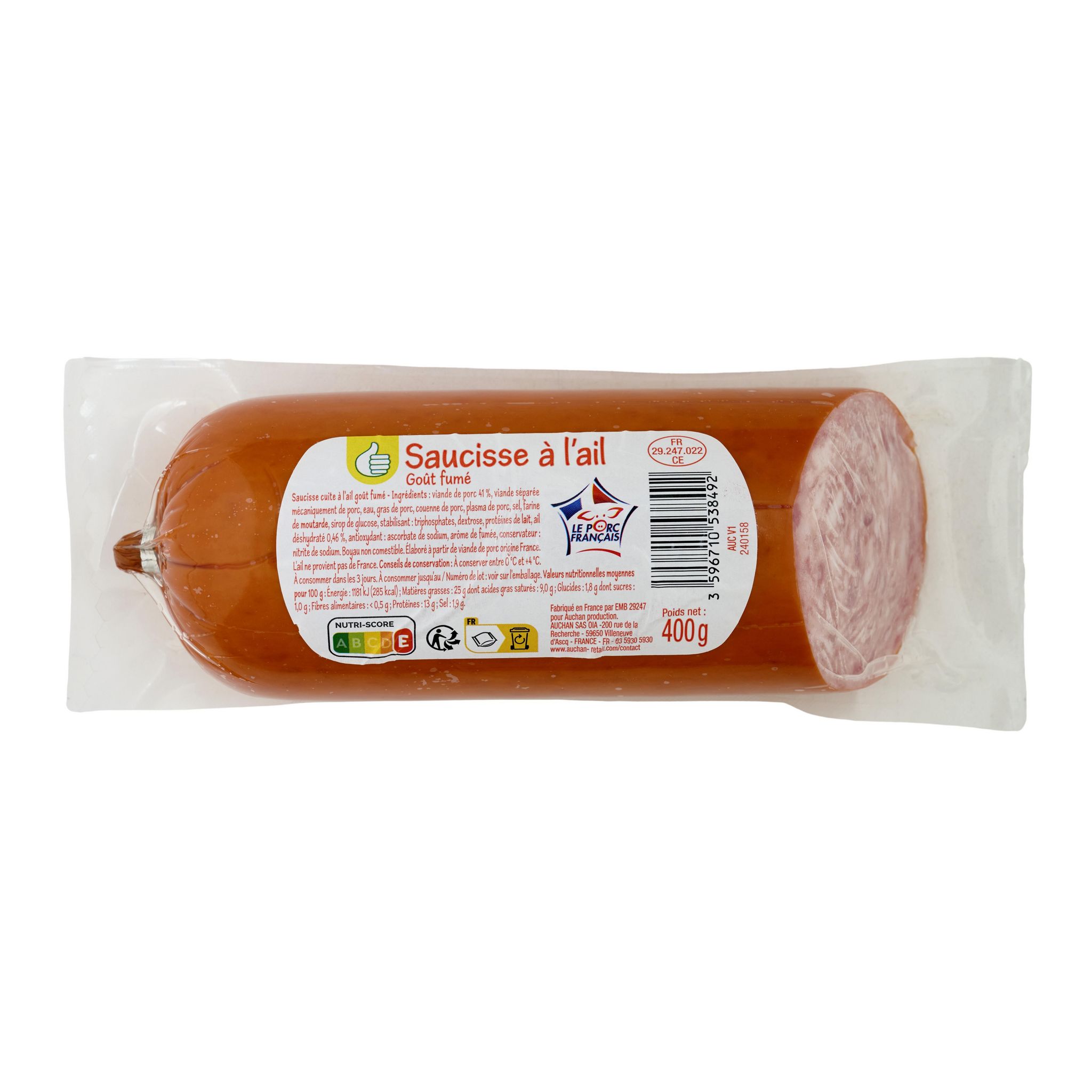 Voir la diapositive 2 : POUCE Saucisse à l'ail goût fumé 400g