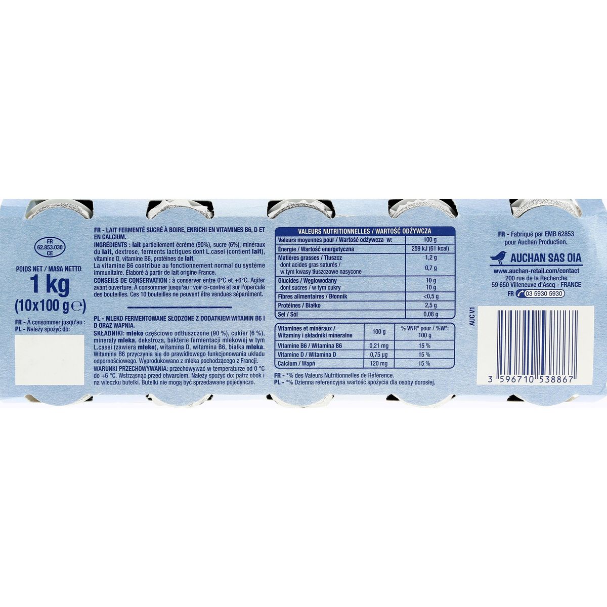 AUCHAN LB6 Yaourt nature à boire 10x100g