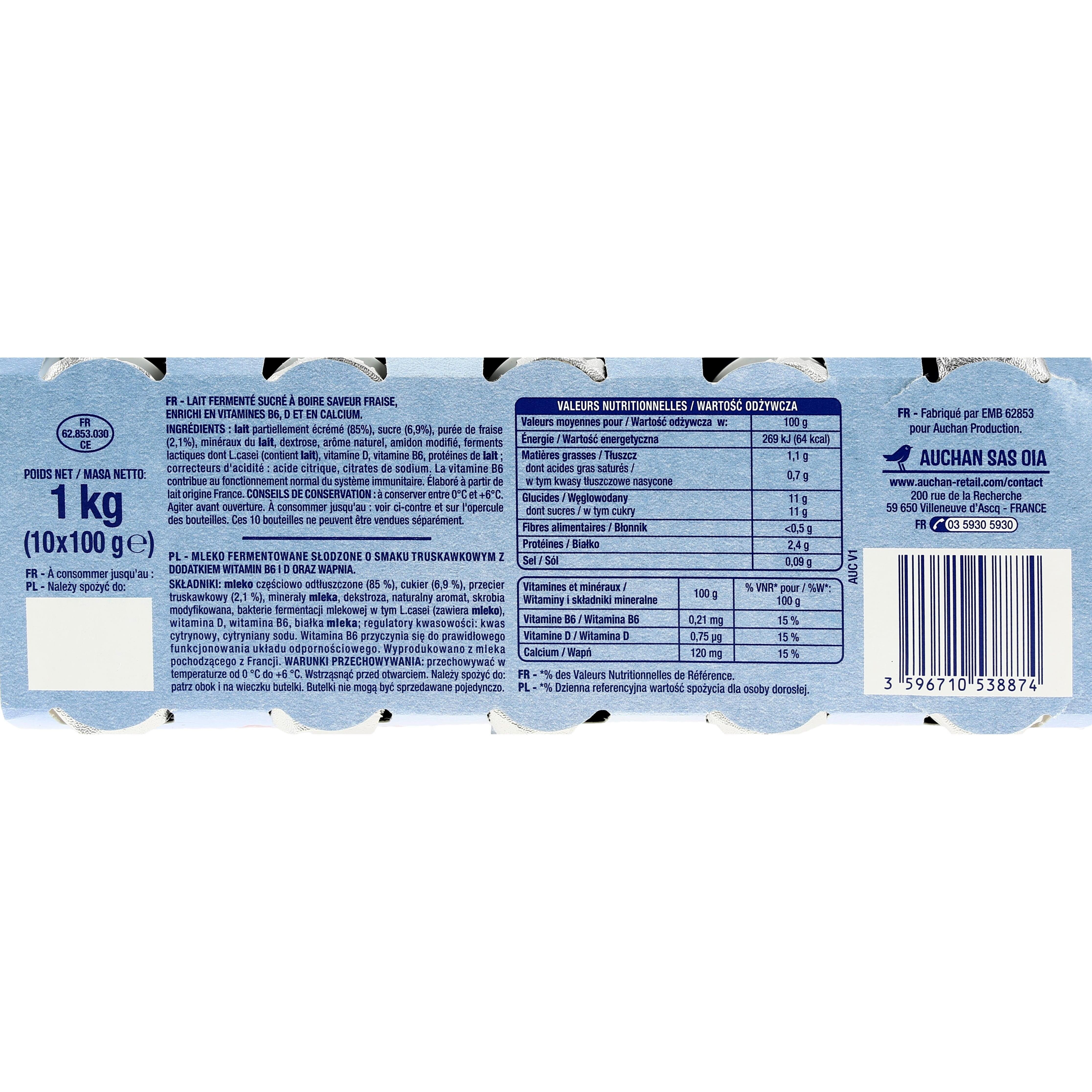 Voir la diapositive 2 : AUCHAN Yaourt à boire sucré saveur fraise 10x100g