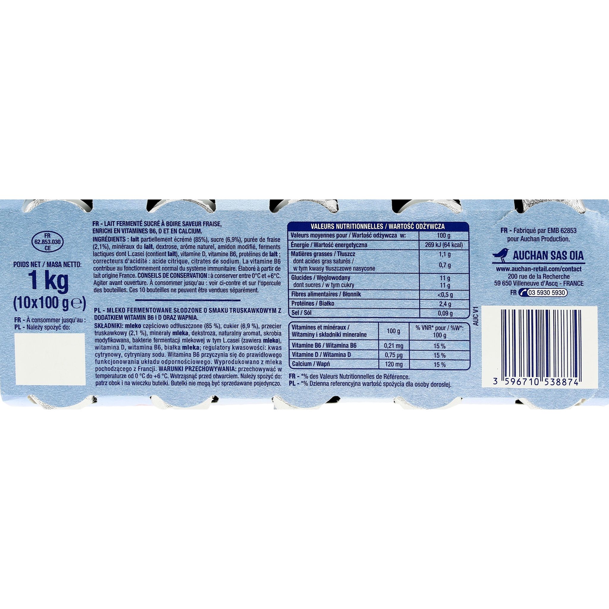 Voir la diapositive 2 : AUCHAN Yaourt à boire sucré saveur fraise 10x100g