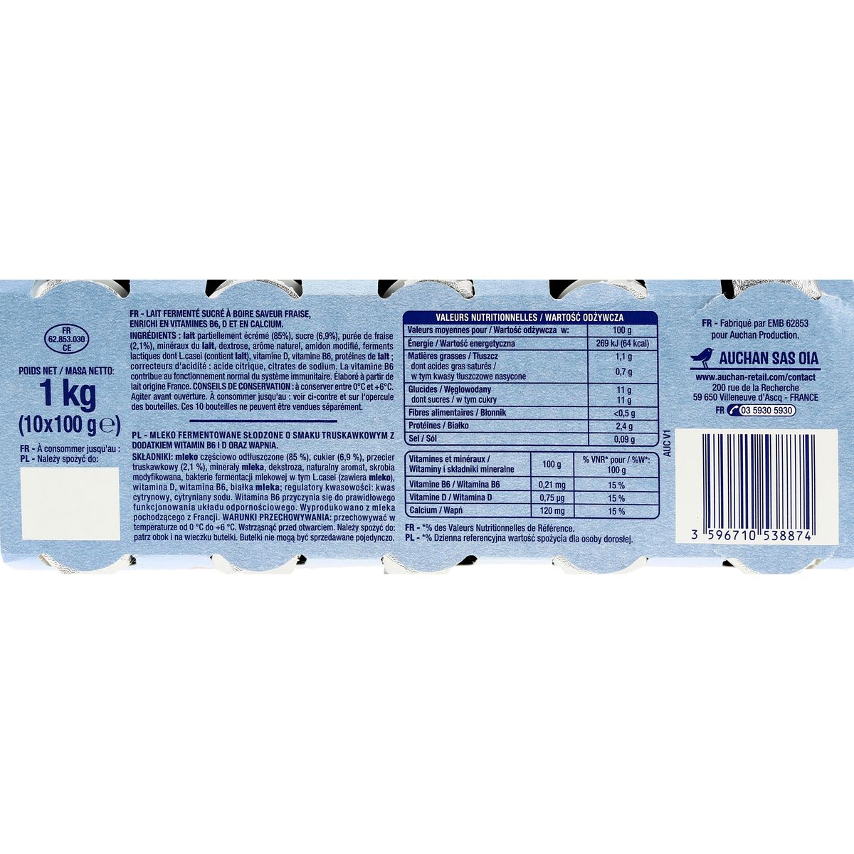 AUCHAN Yaourt à boire sucré saveur fraise 10x100g