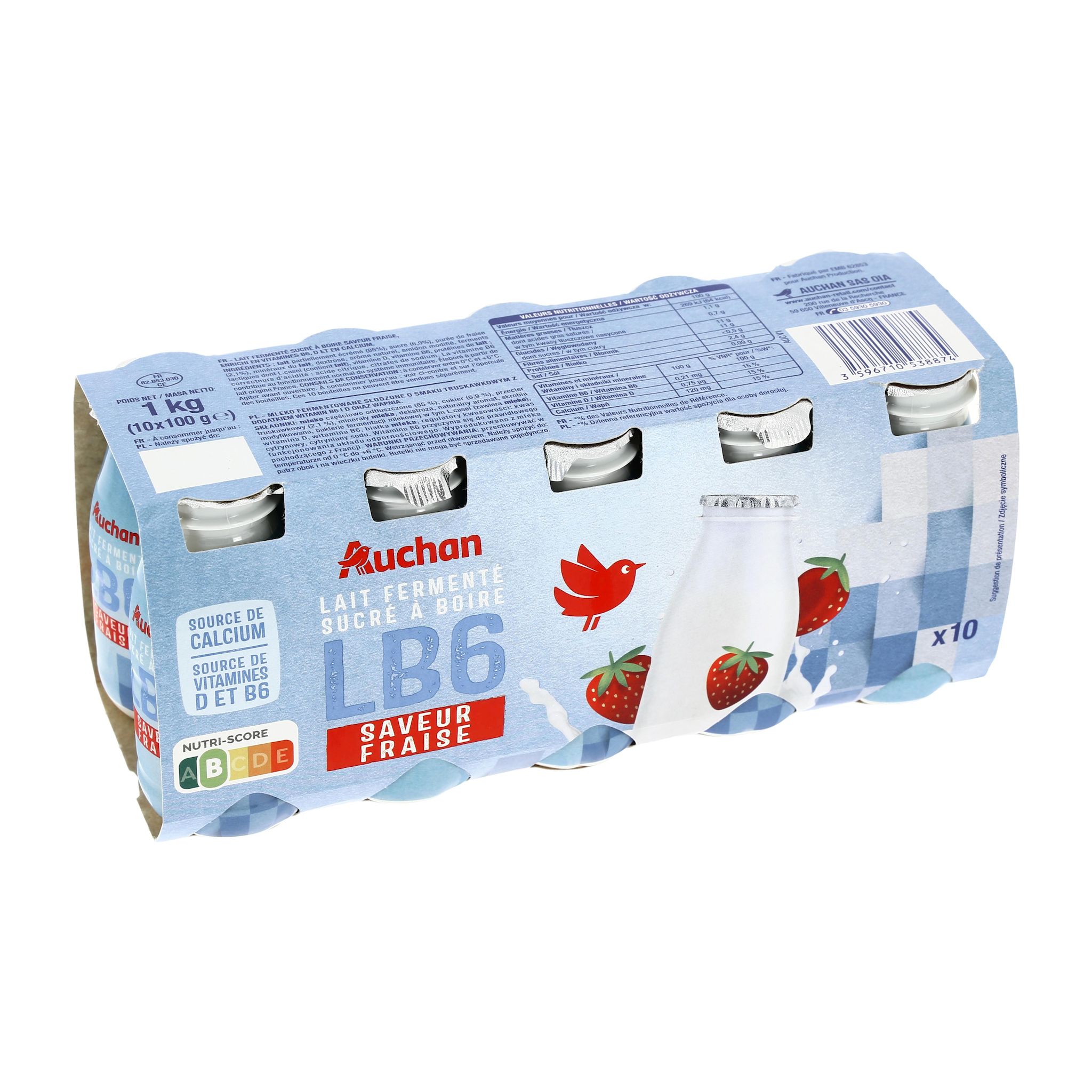 Voir la diapositive 3 : AUCHAN Yaourt à boire sucré saveur fraise 10x100g