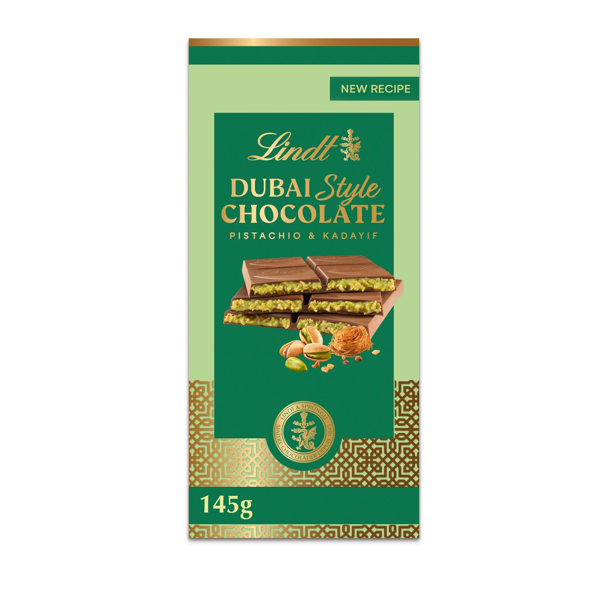 LINDT Création Tablette de chocolat Dubaï au lait fourré pistache et cheveux d'ange 145g