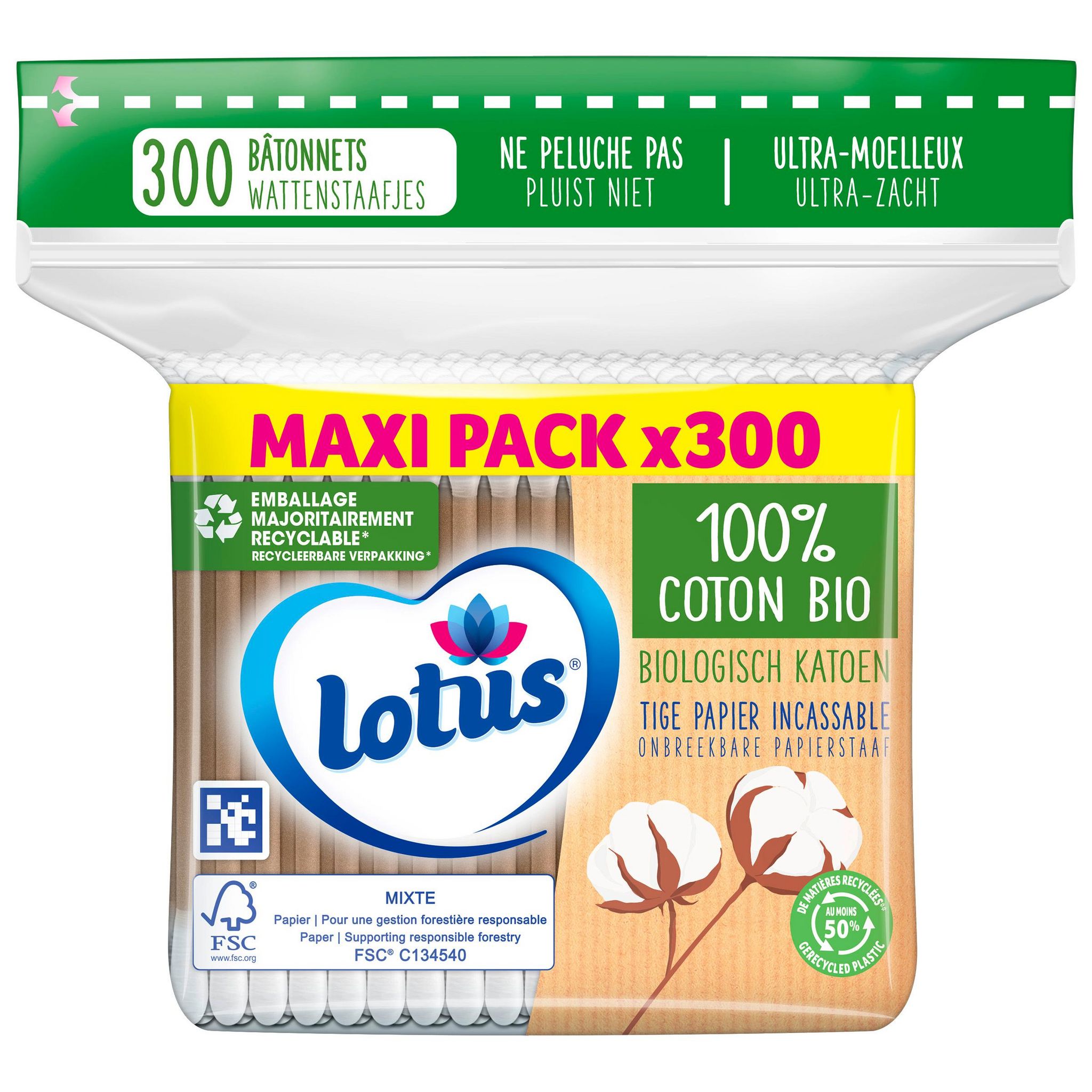 LOTUS Cotons-tiges 100% coton bio sachet 300 bâtonnets