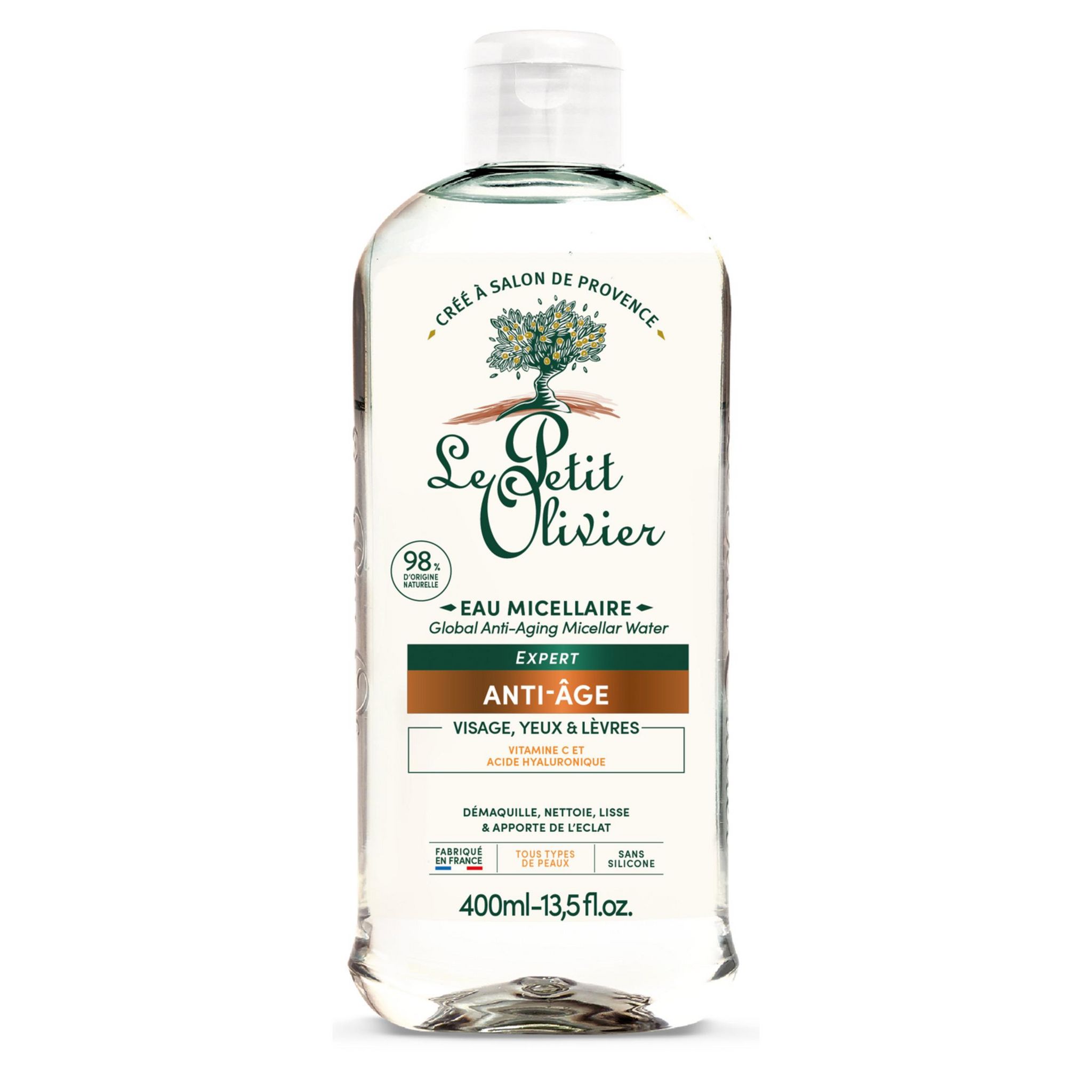 LE PETIT OLIVIER Eau micellaire expert anti-âge à la vitamine C et à l'acide hyaluronique pour visage, yeux et lèvres 400ml