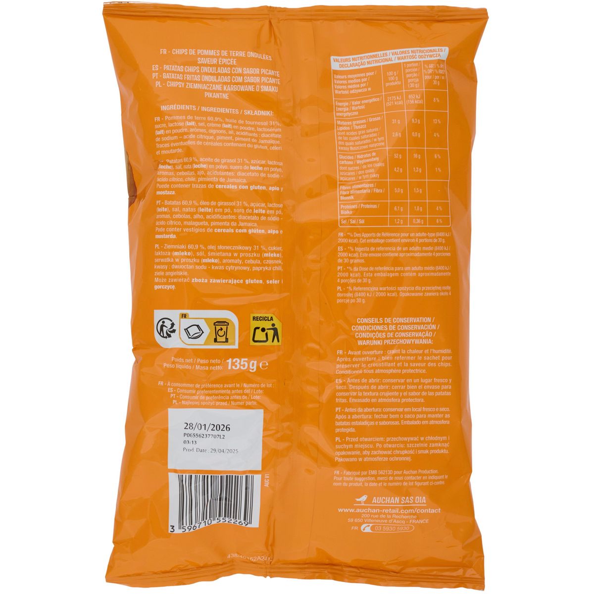AUCHAN Chips ondulées craquantes saveur épicé 135g