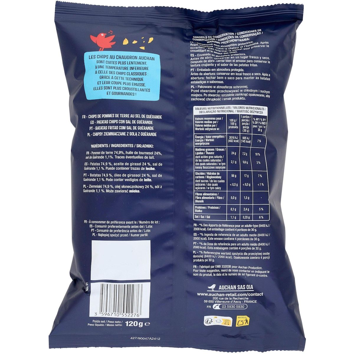 AUCHAN Chips au sel de Guérande coupe épaisse 120g