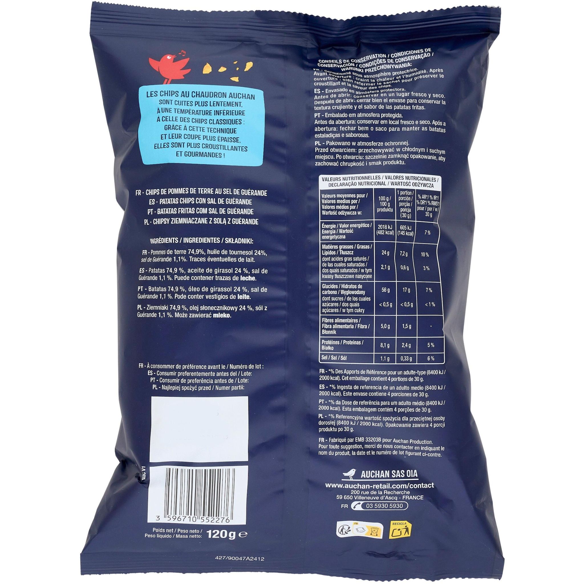 Voir la diapositive 2 : AUCHAN Chips au sel de Guérande coupe épaisse 120g