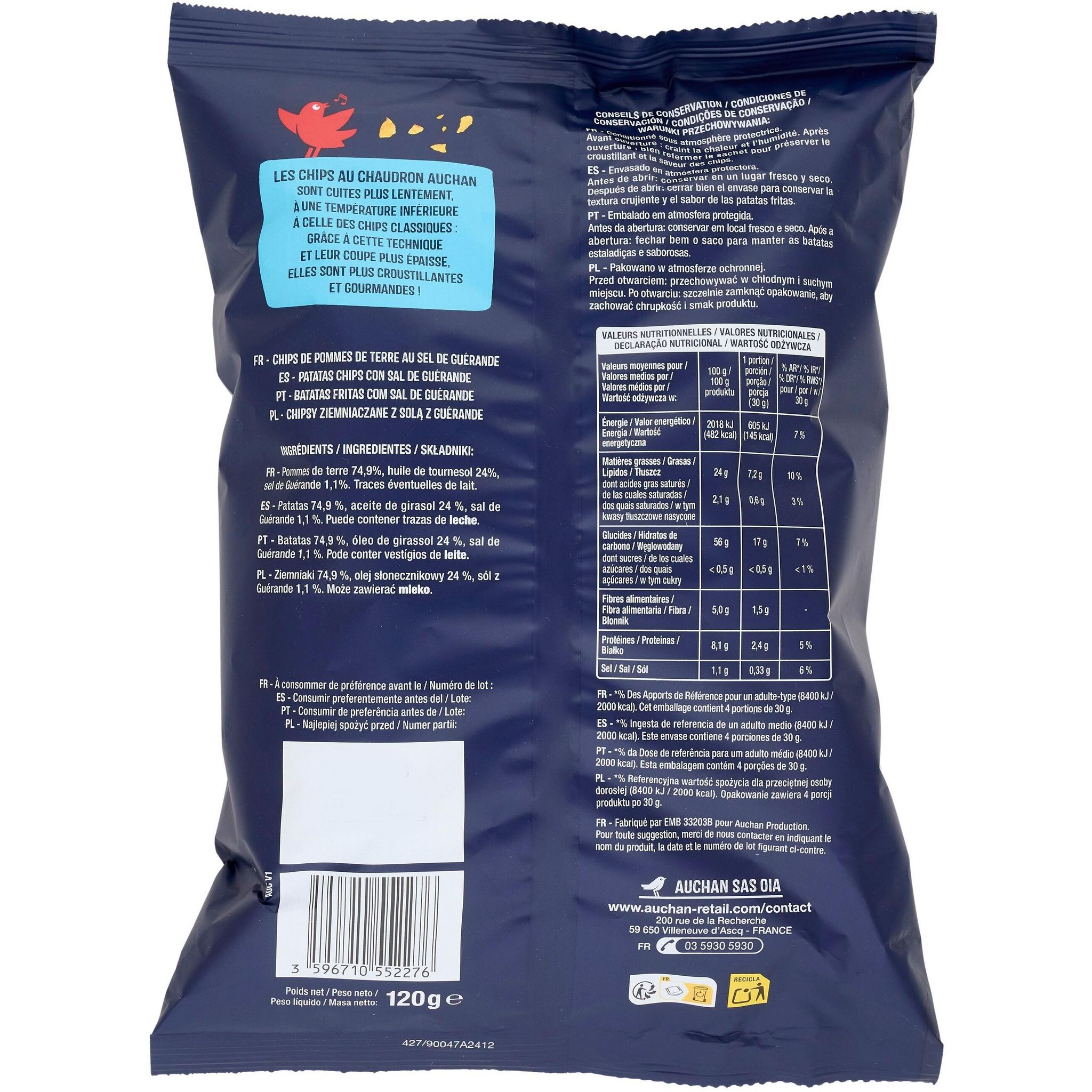 Voir la diapositive 3 : AUCHAN Chips au sel de Guérande coupe épaisse 120g