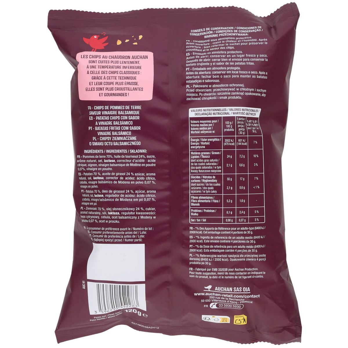 AUCHAN Chips saveur vinaigre balsamique coupe épaisse 120g