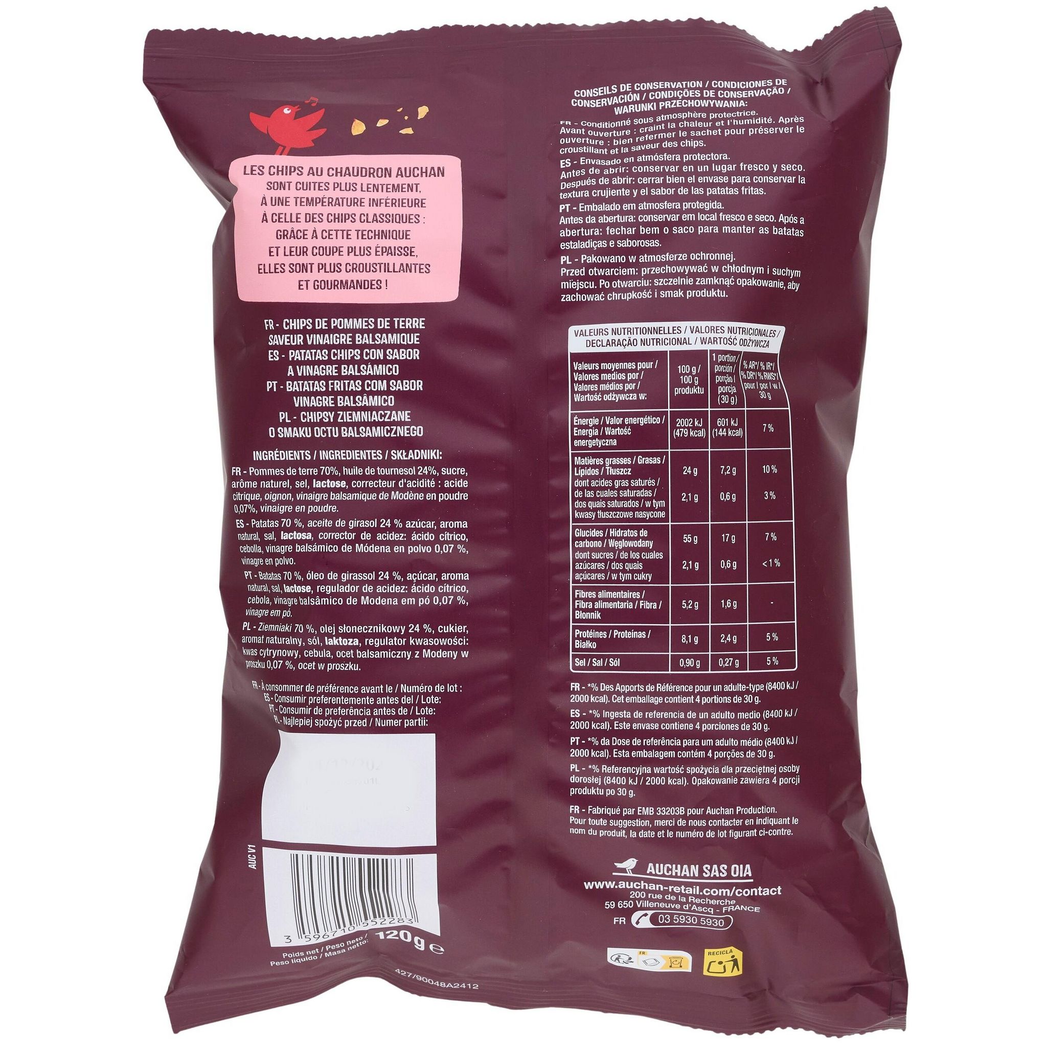 Voir la diapositive 3 : AUCHAN Chips saveur vinaigre balsamique coupe épaisse 120g