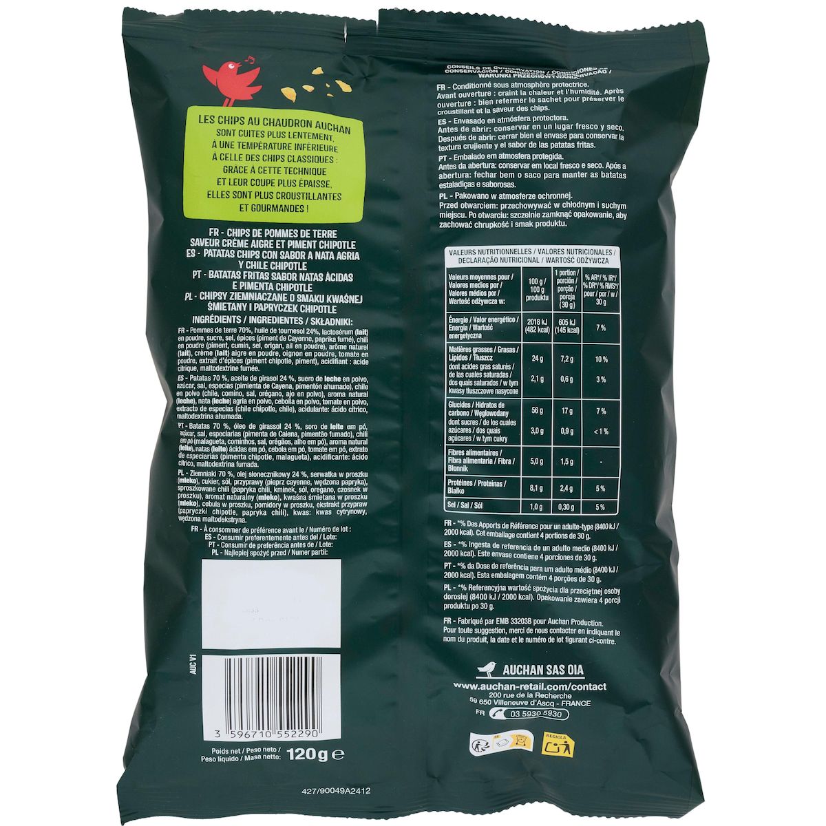 AUCHAN Chips saveur crème oignon coupe épaisse 120g
