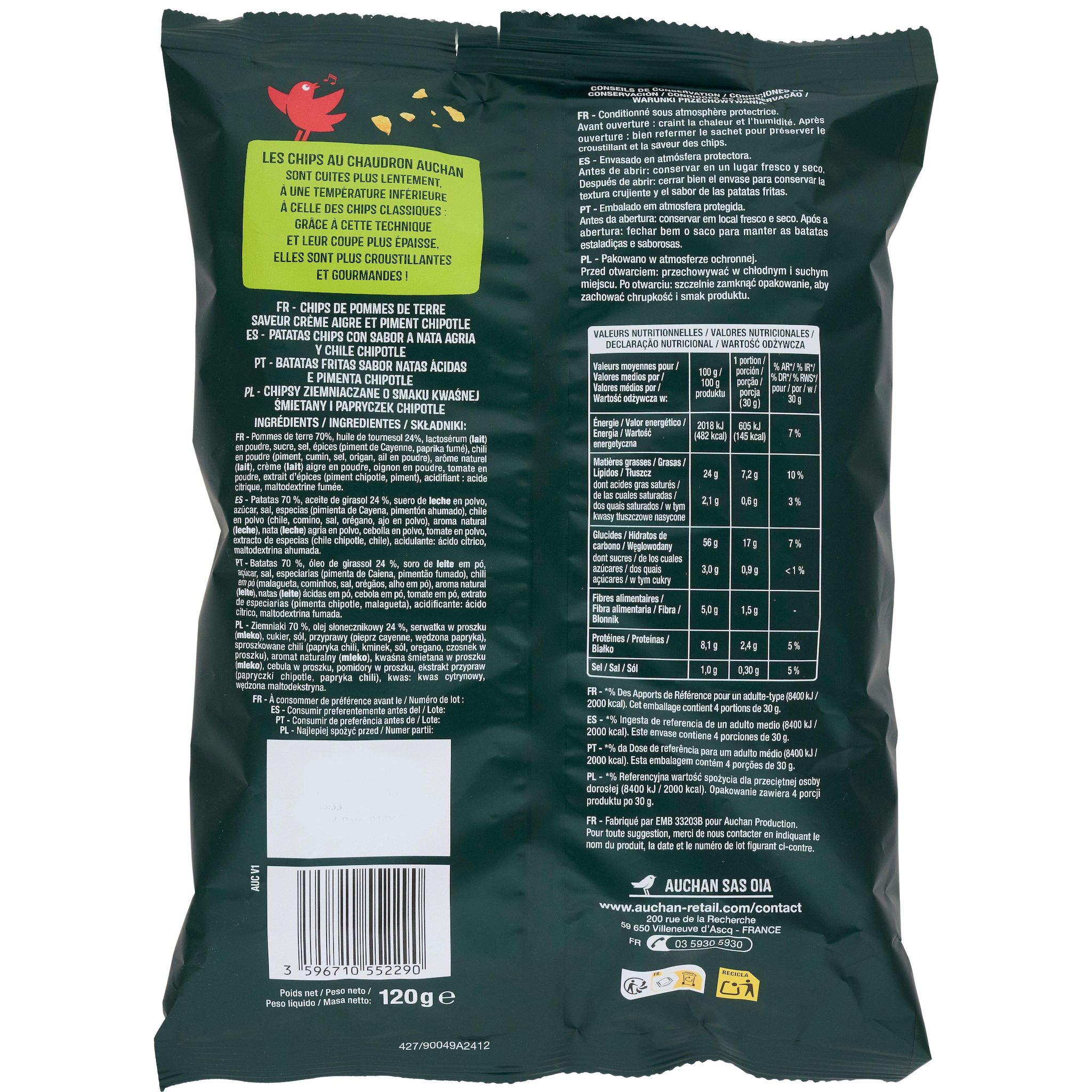 Voir la diapositive 2 : AUCHAN Chips saveur crème oignon coupe épaisse 120g