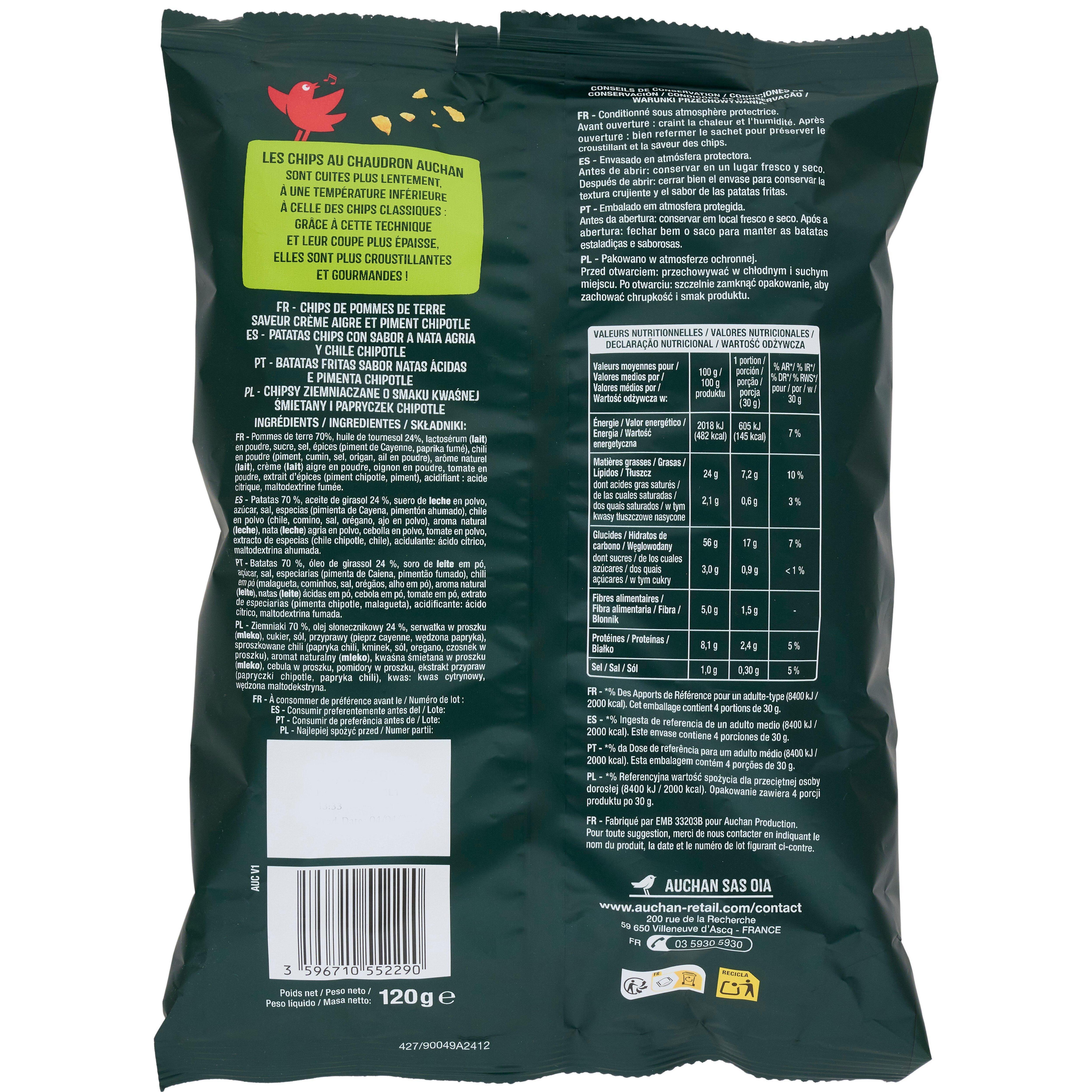 Voir la diapositive 3 : AUCHAN Chips saveur crème oignon coupe épaisse 120g