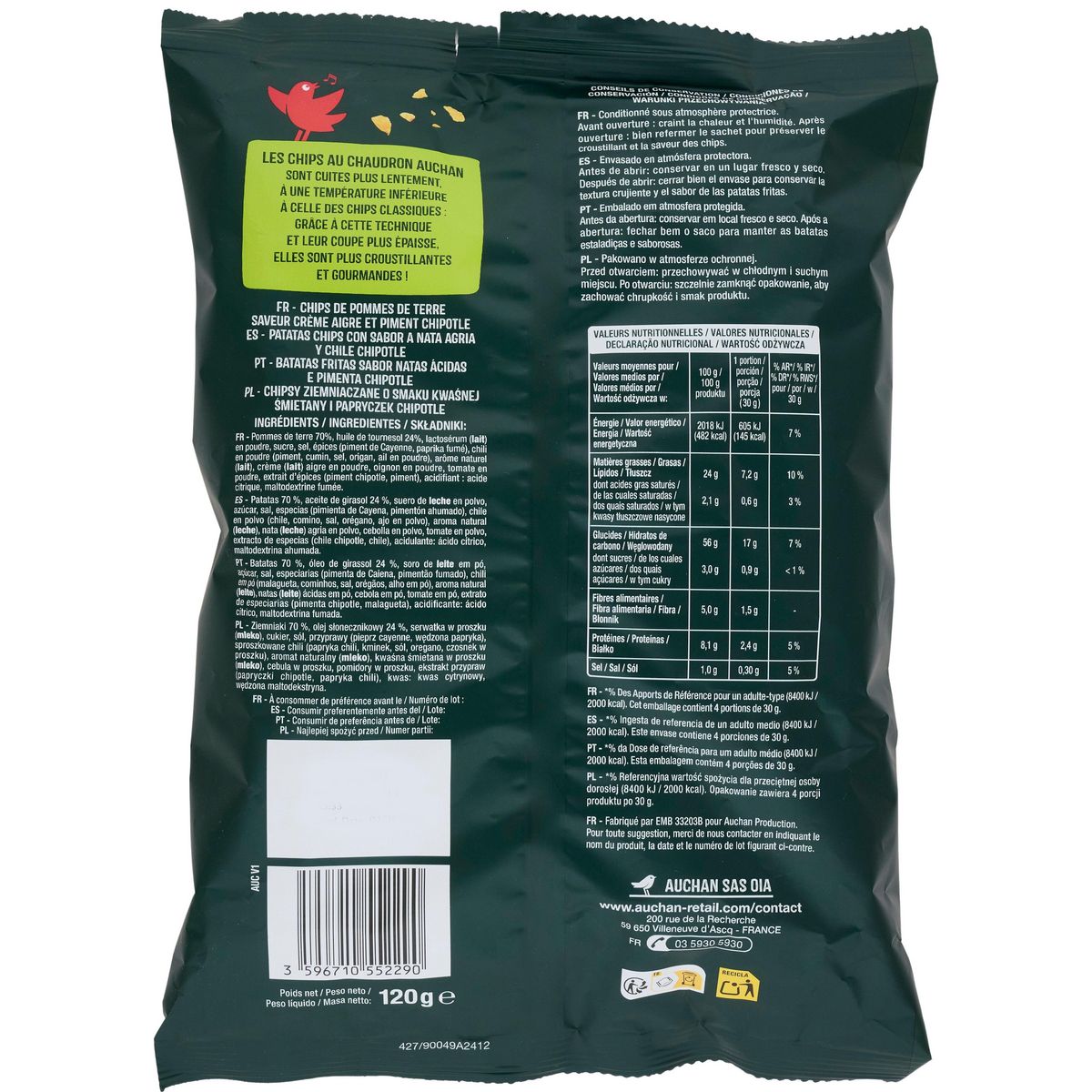 AUCHAN Chips saveur crème oignon coupe épaisse 120g