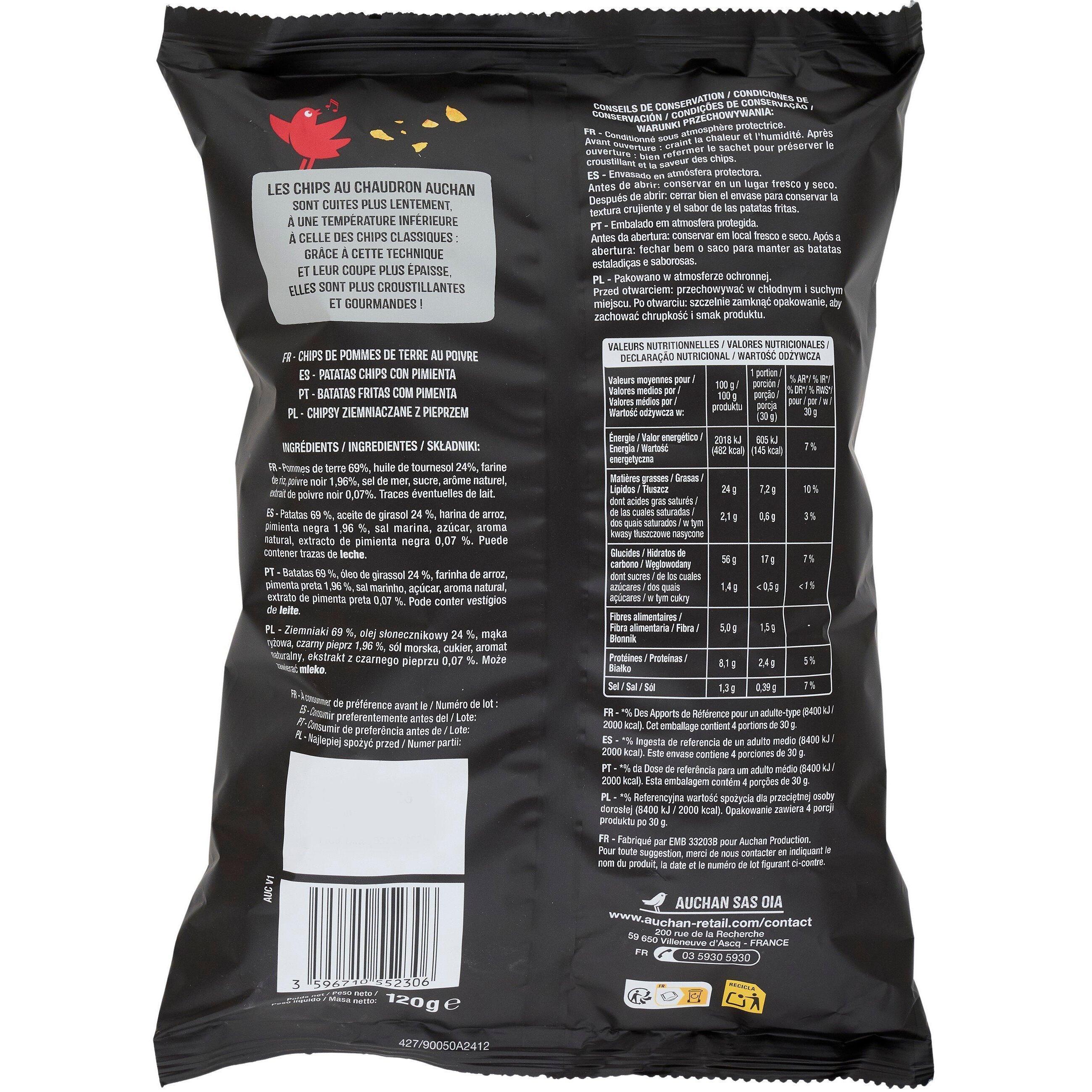 Voir la diapositive 2 : AUCHAN Chips au poivre coupe épaisse 120g