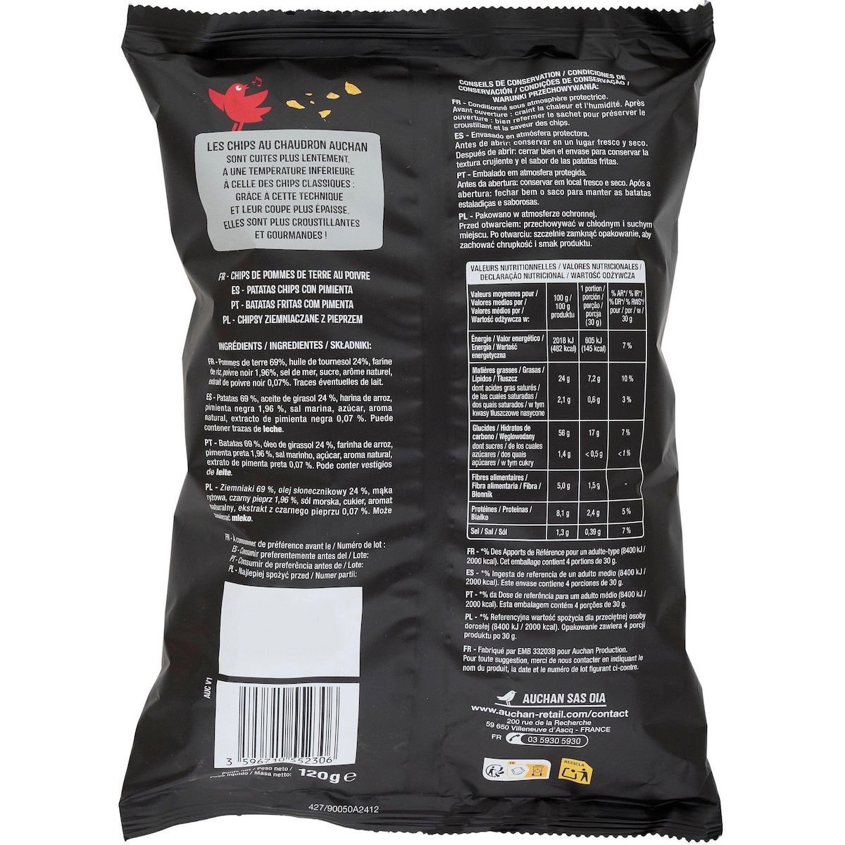 AUCHAN Chips au poivre coupe épaisse 120g