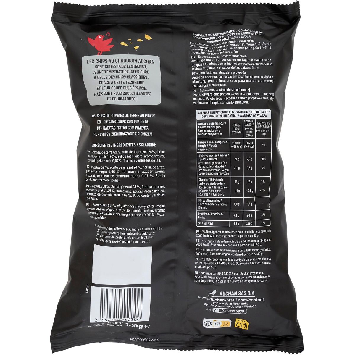 AUCHAN Chips au poivre coupe épaisse 120g