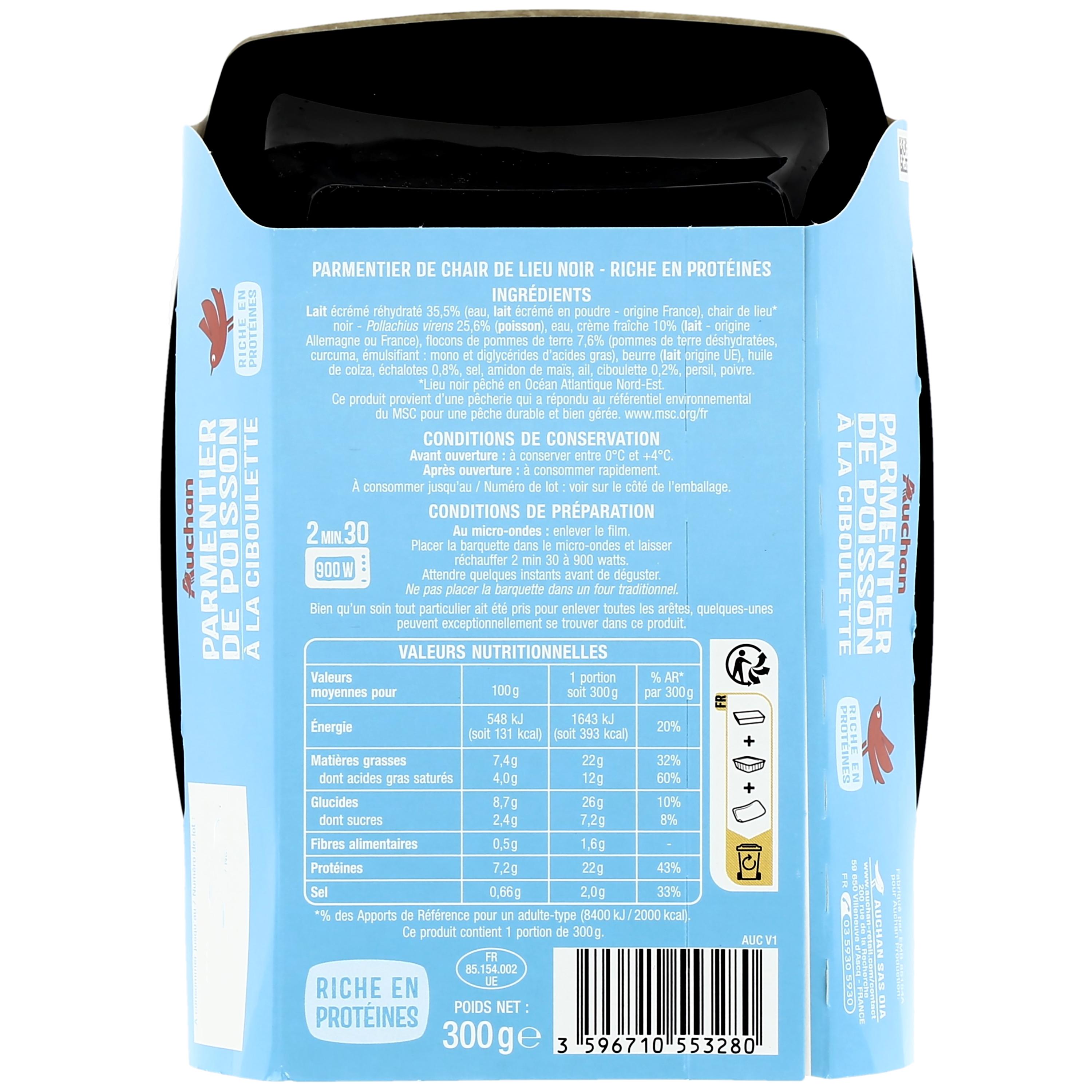 Voir la diapositive 2 : AUCHAN Parmentier de poisson à la ciboulette purée de pommes de terre 1 part 300g