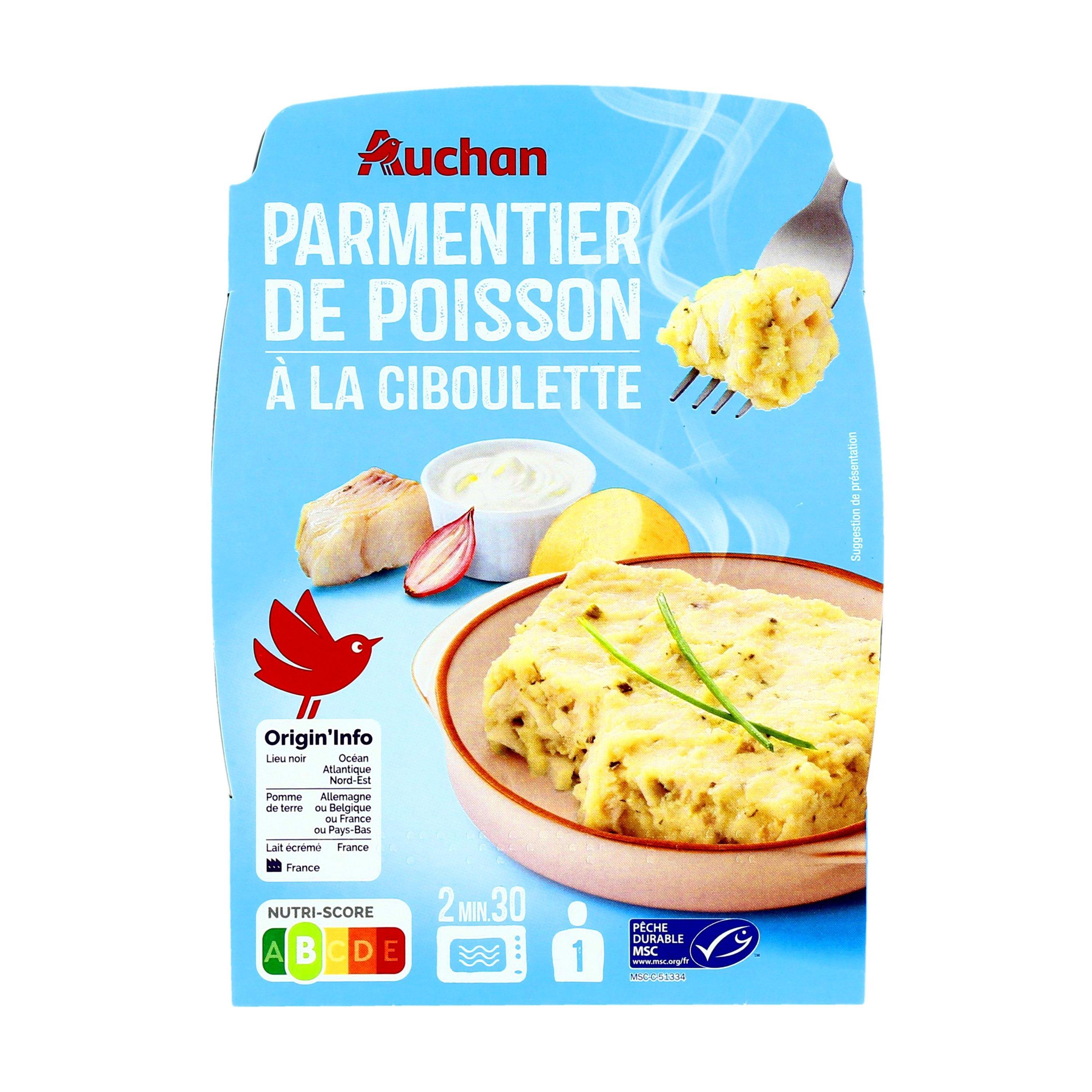 Voir la diapositive 3 : AUCHAN Parmentier de poisson à la ciboulette purée de pommes de terre 1 part 300g