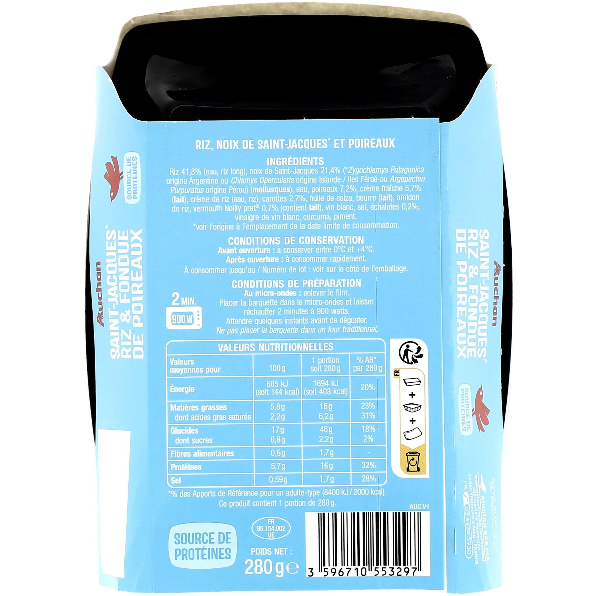 Voir la diapositive 2 : AUCHAN Noix de Saint-Jacques riz et poireaux 280g