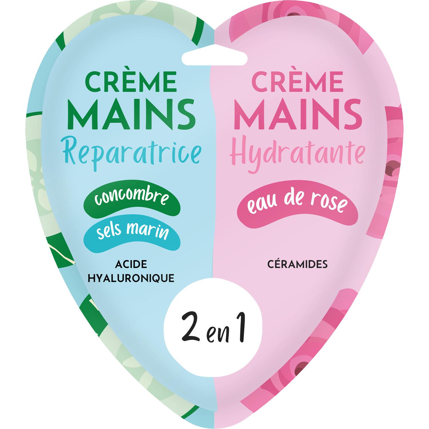 FRENCH TENDANCE Crème pour les mains 2 en 1 réparatrice au concombre et sels marin et hydratante à l'eau de rose 1 paire