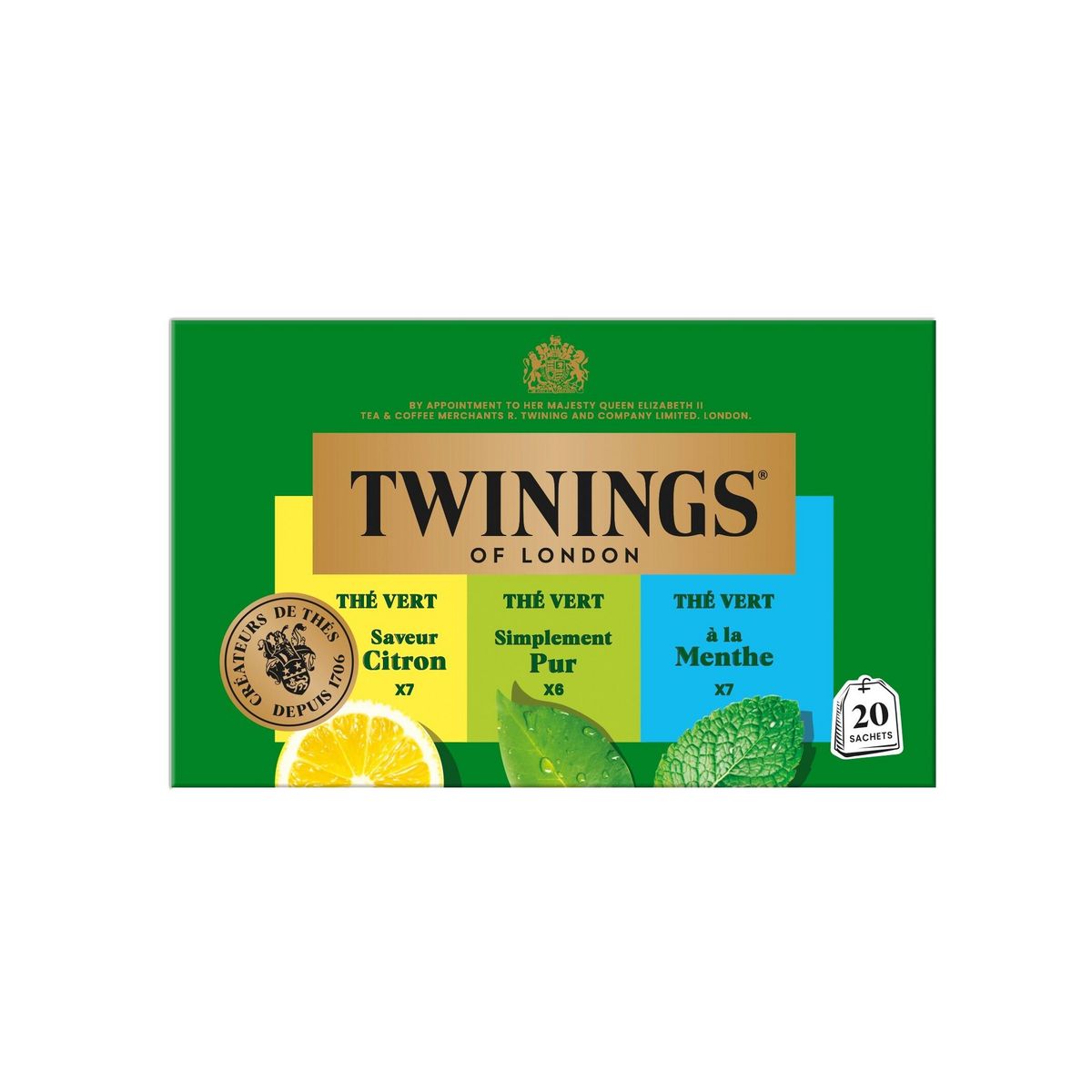 TWININGS Assortiment de thé vert citron et menthe 20 sachets 34g