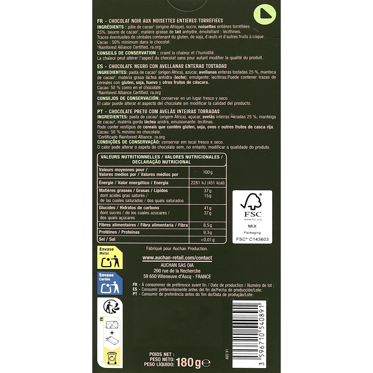 AUCHAN Tablette de chocolat noir et noisettes entières torréfiées 180g