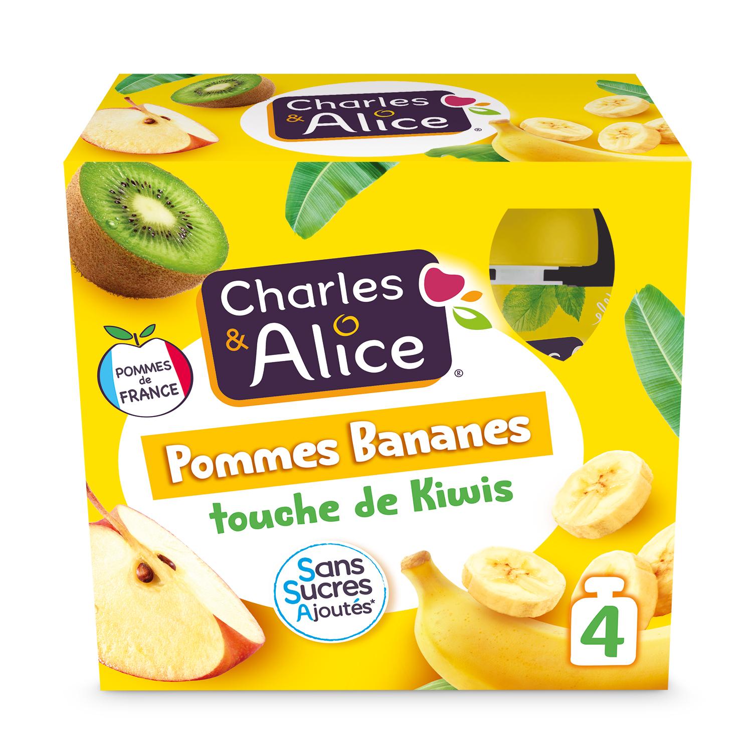 CHARLES & ALICE Gourdes compote pommes bananes touche de kiwis sans sucres ajoutés 4x90g