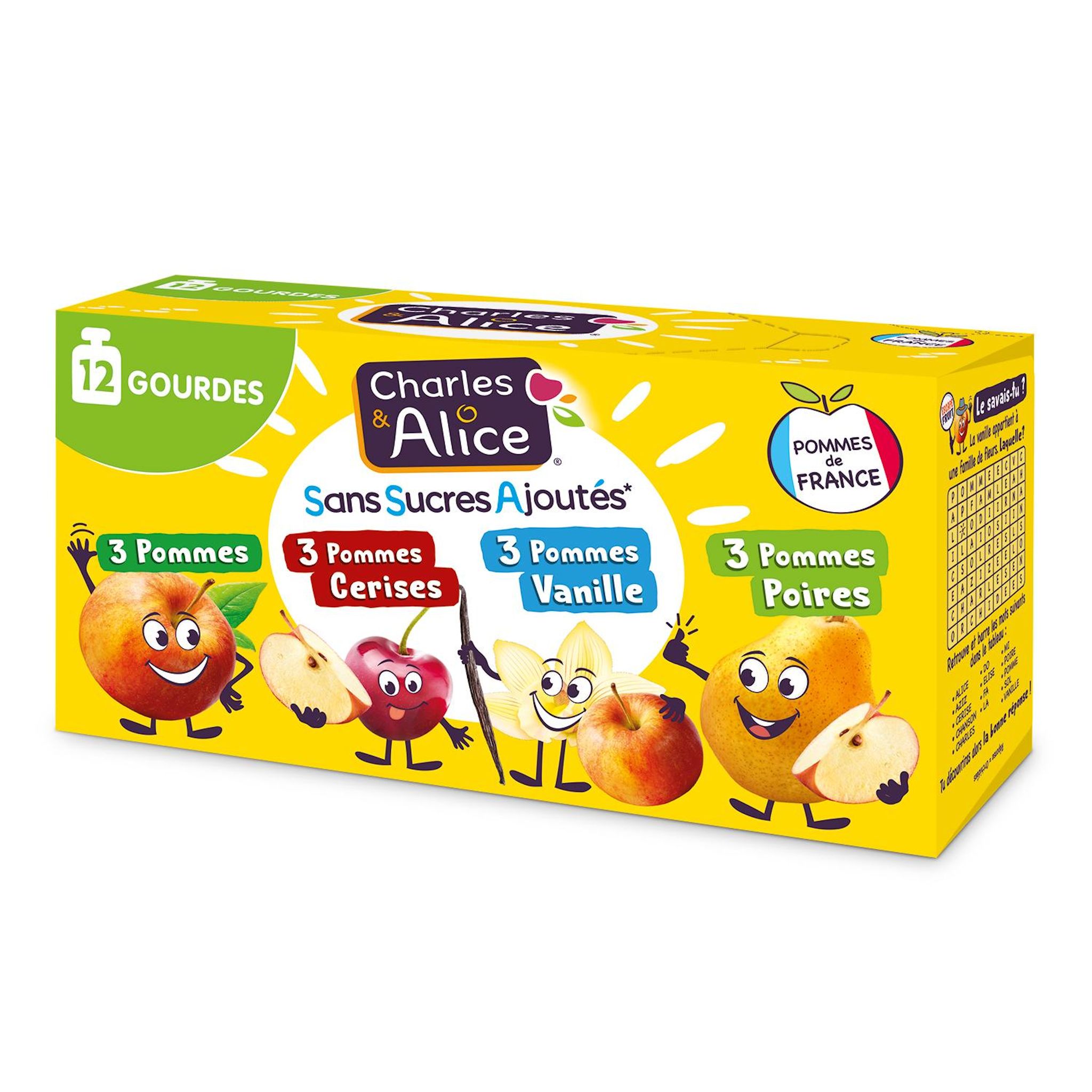 CHARLES & ALICE Gourdes compotes de pommes nature pommes cerises pommes vanille et pommes poires sans sucres ajoutés 12x90g