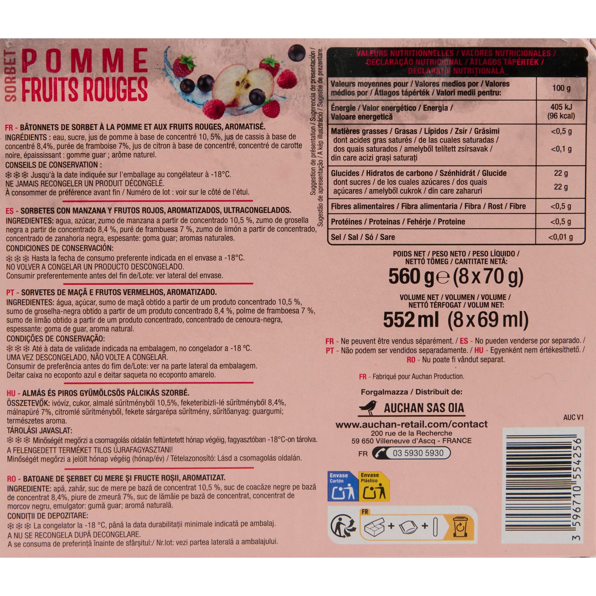 Voir la diapositive 2 : AUCHAN Bâtonnets glacés sorbet pomme fruits rouges 8 pièces 560g