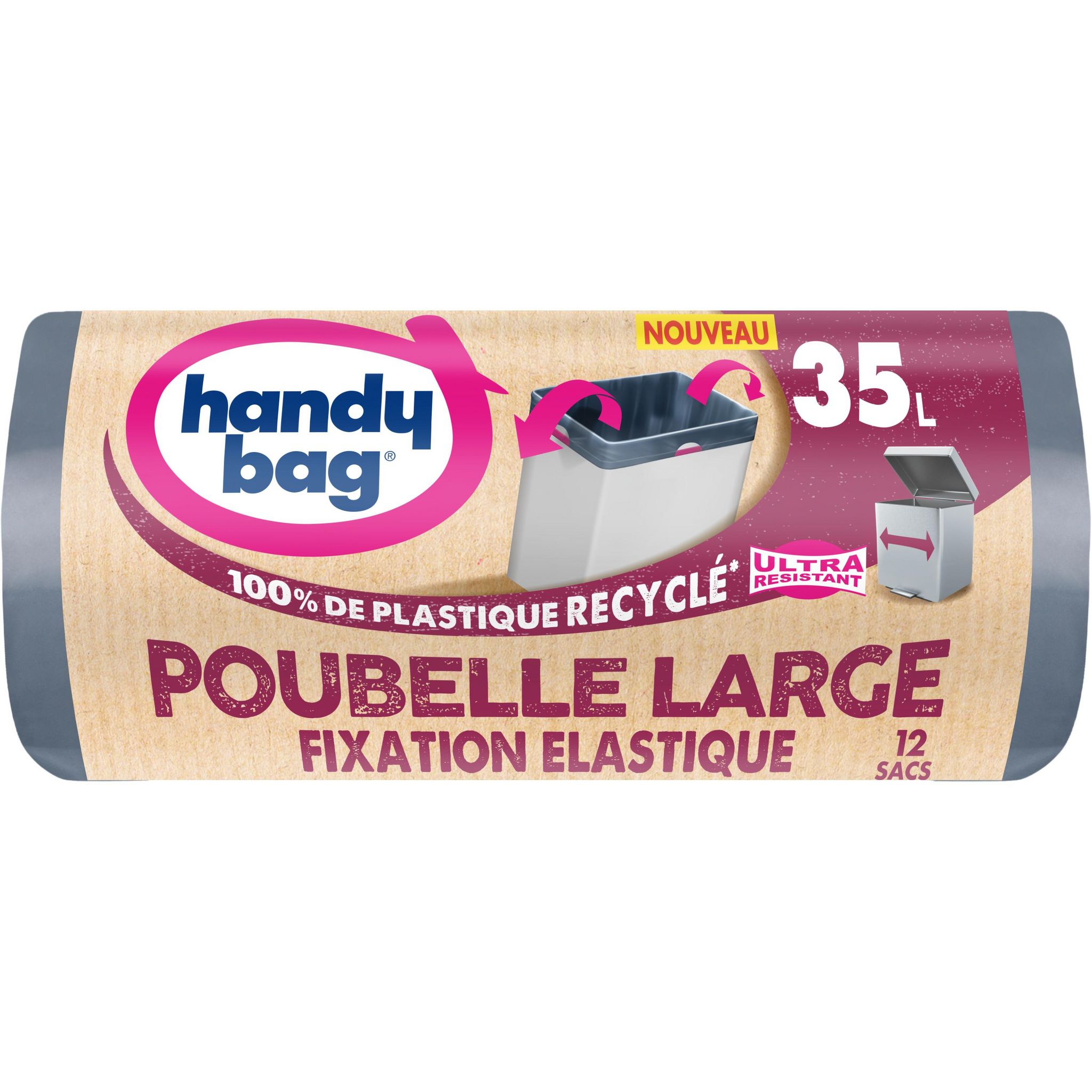 HANDY BAG Sacs poubelle fixation élastique 35l 100% plastique recyclé 12 sacs
