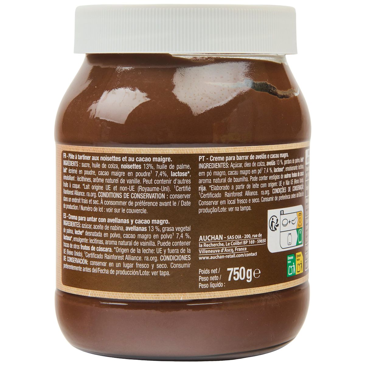 AUCHAN Pasta Cao Pâte à tartiner aux noisettes et au cacao 750g