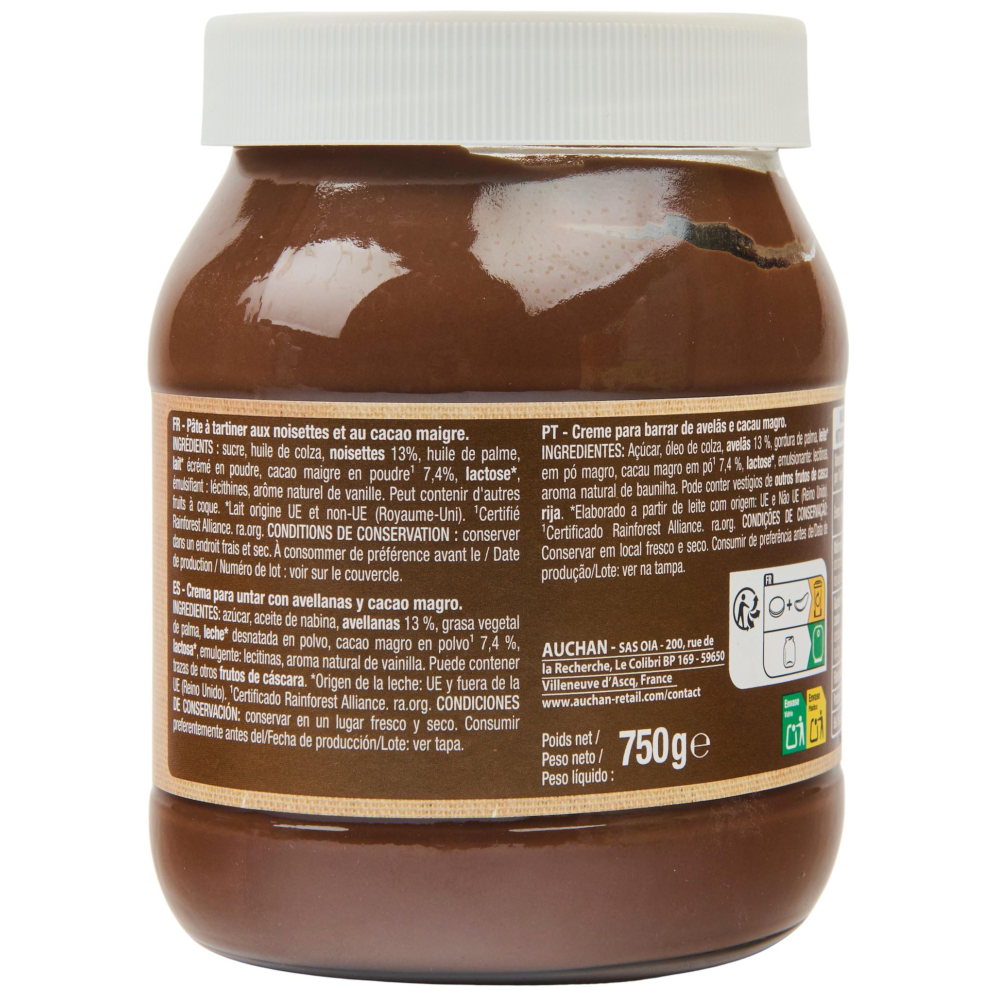 Voir la diapositive 2 : AUCHAN Pasta Cao Pâte à tartiner aux noisettes et au cacao 750g