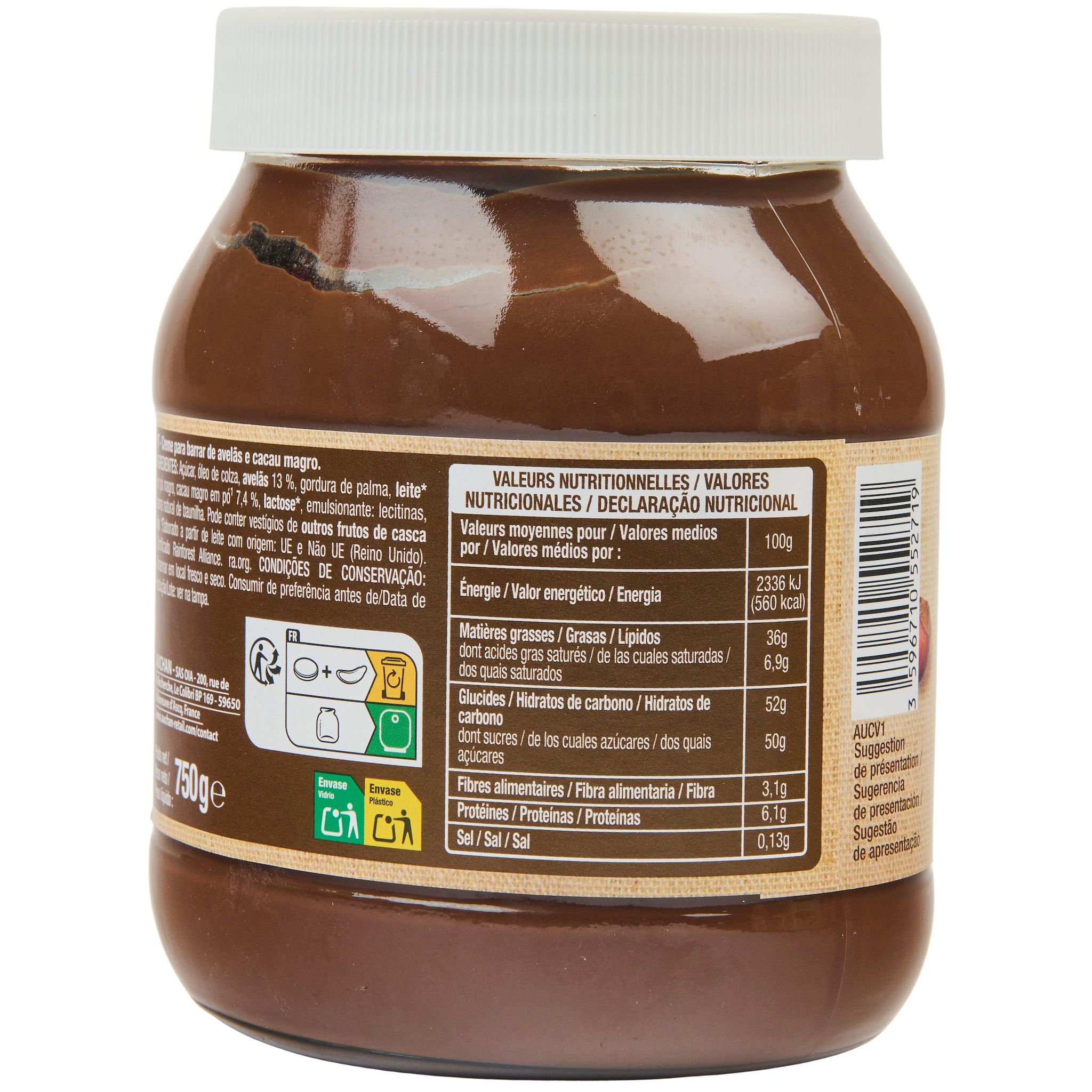 Voir la diapositive 3 : AUCHAN Pasta Cao Pâte à tartiner aux noisettes et au cacao 750g