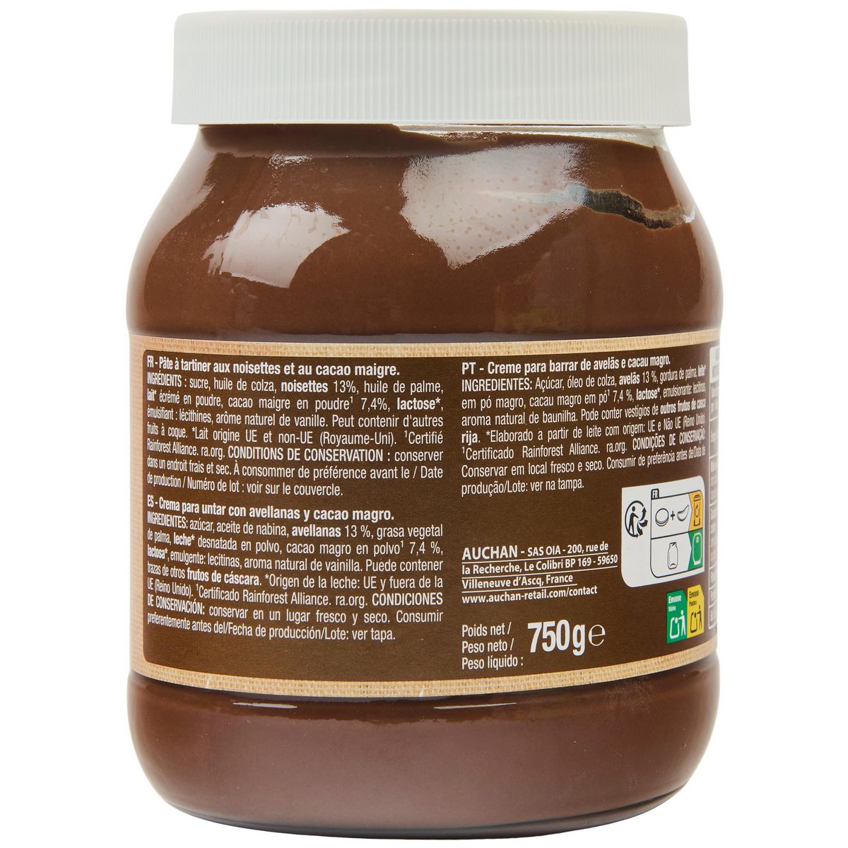 AUCHAN Pasta Cao Pâte à tartiner aux noisettes et au cacao 750g