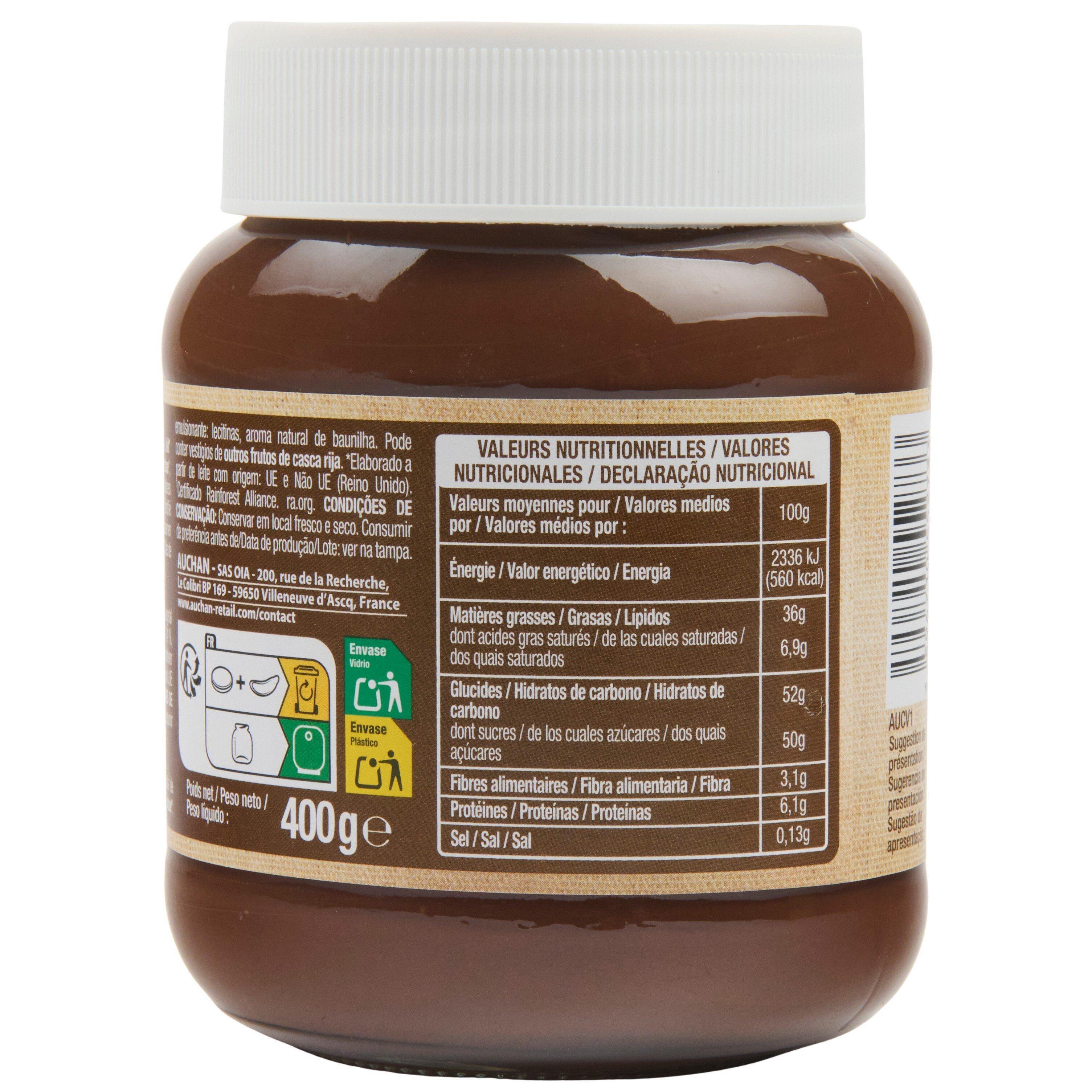 Voir la diapositive 2 : AUCHAN Pasta Cao pâte à tartiner aux noisettes et au cacao 400g