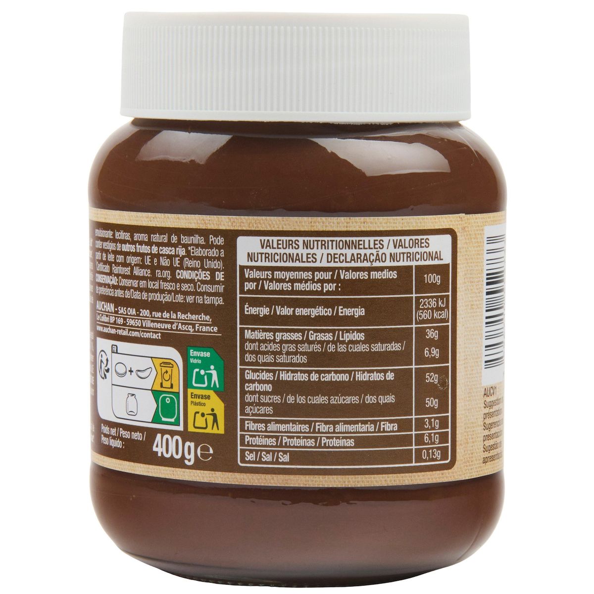 AUCHAN Pasta Cao pâte à tartiner aux noisettes et au cacao 400g