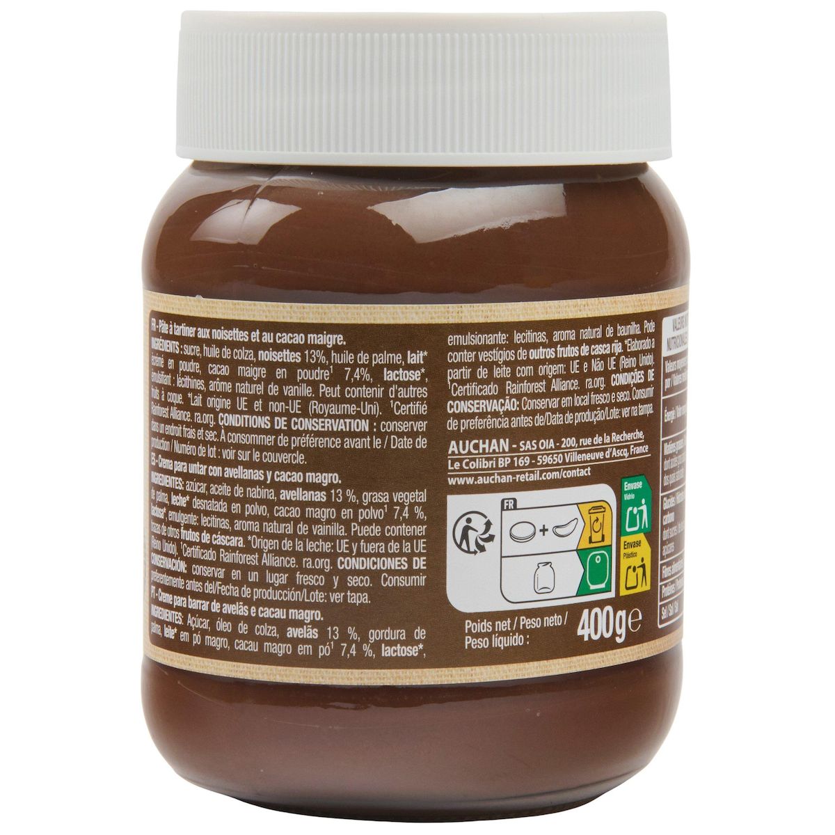 AUCHAN Pasta Cao pâte à tartiner aux noisettes et au cacao 400g