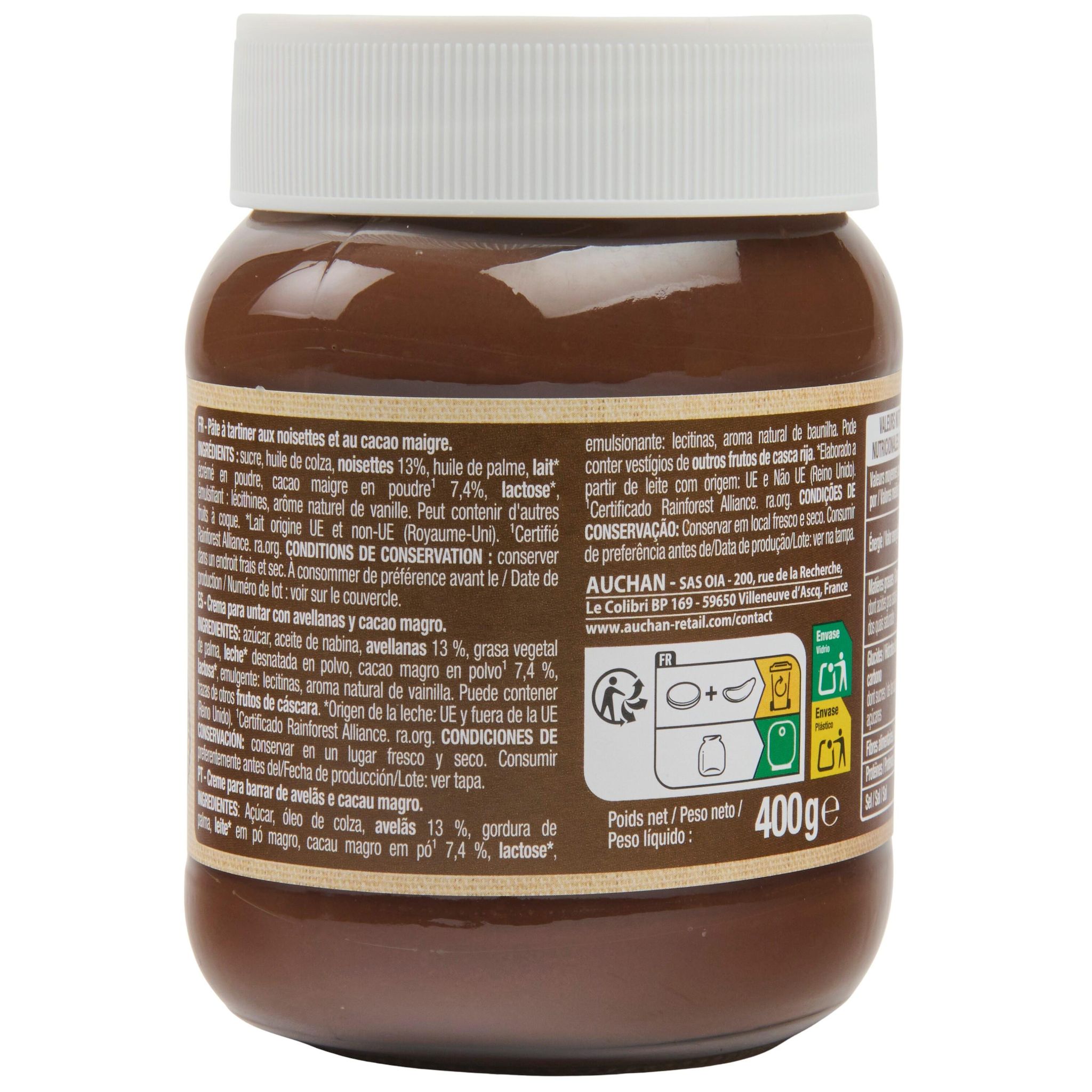 Voir la diapositive 4 : AUCHAN Pasta Cao pâte à tartiner aux noisettes et au cacao 400g