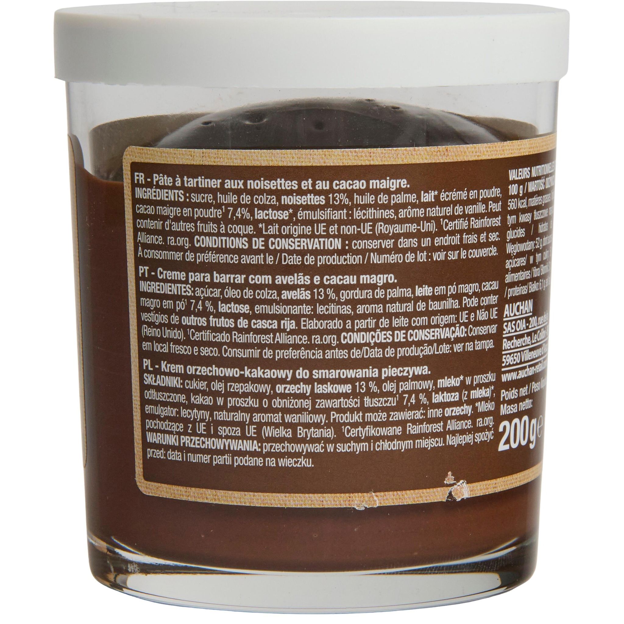 Voir la diapositive 3 : AUCHAN Pasta cao Pâte à tartiner aux noisettes et au cacao 200g